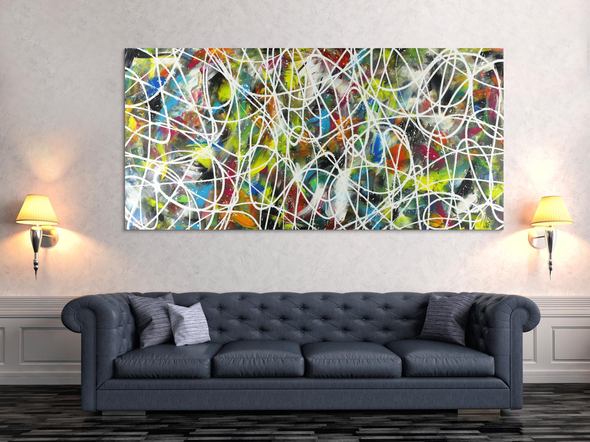 Abstraktes Acrylbild sehr bunt modern Action Painting mit weißen Streifen