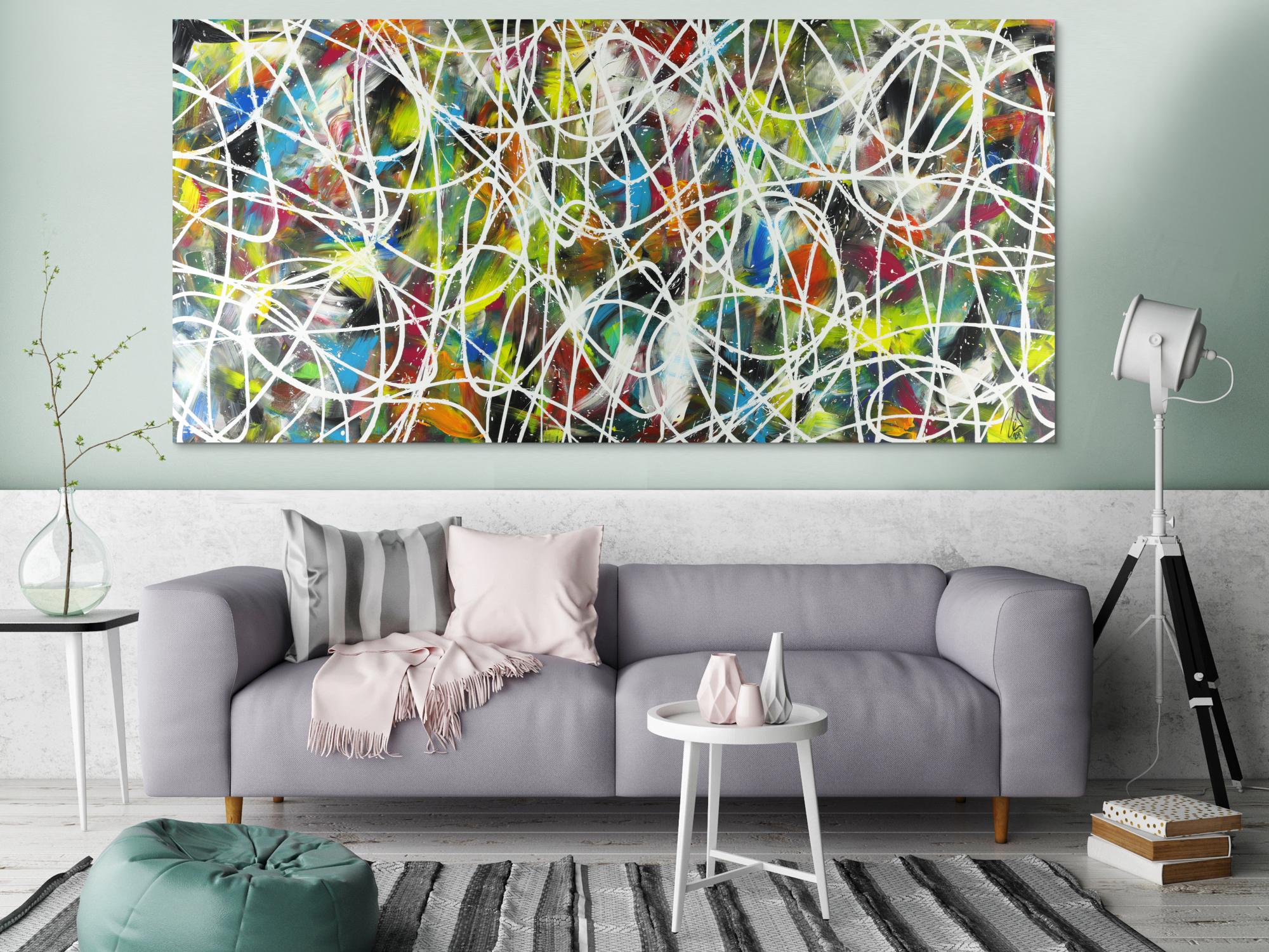 Abstraktes Acrylbild sehr bunt modern Action Painting mit weißen Streifen