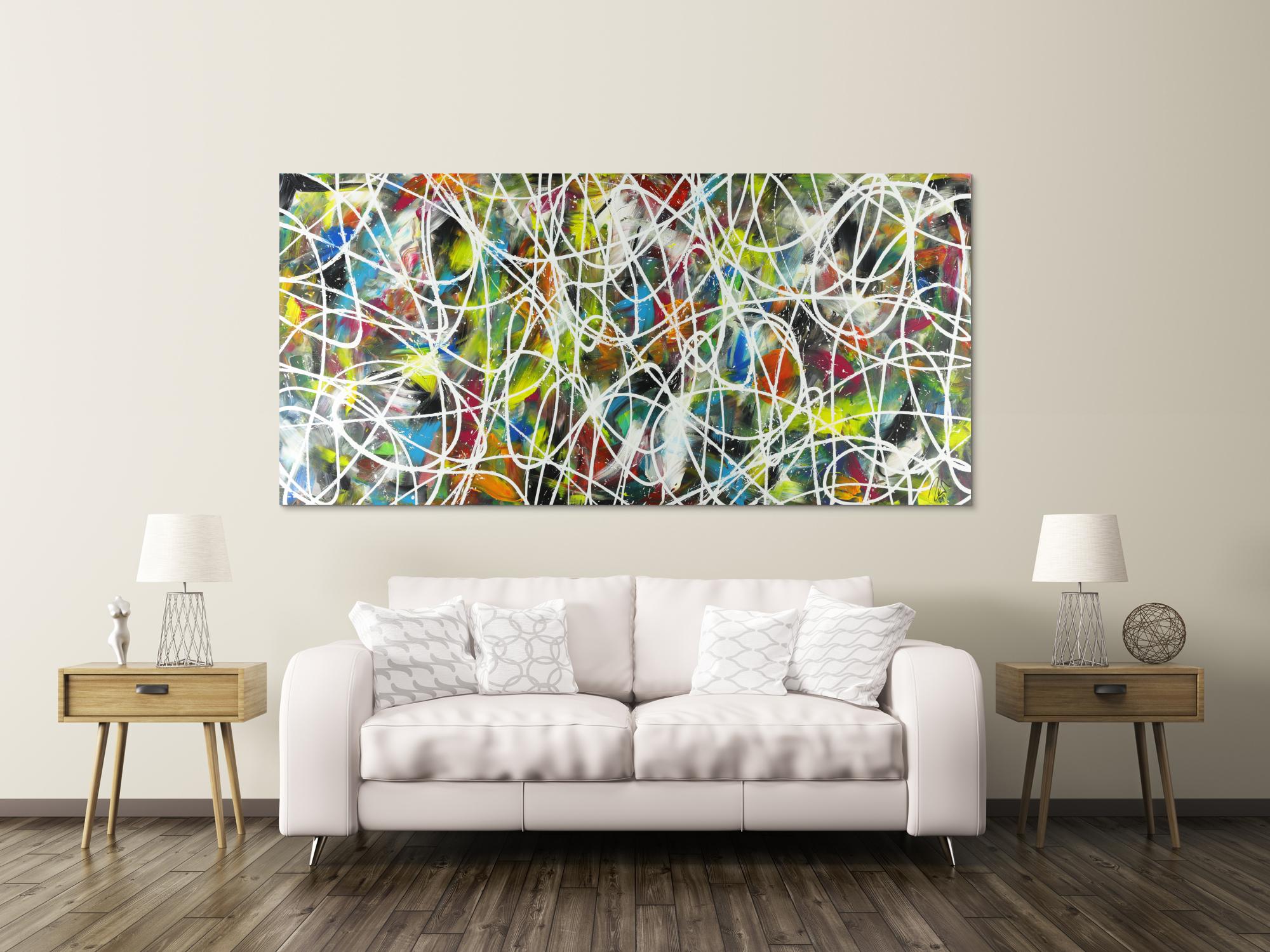 Abstraktes Acrylbild sehr bunt modern Action Painting mit weißen Streifen