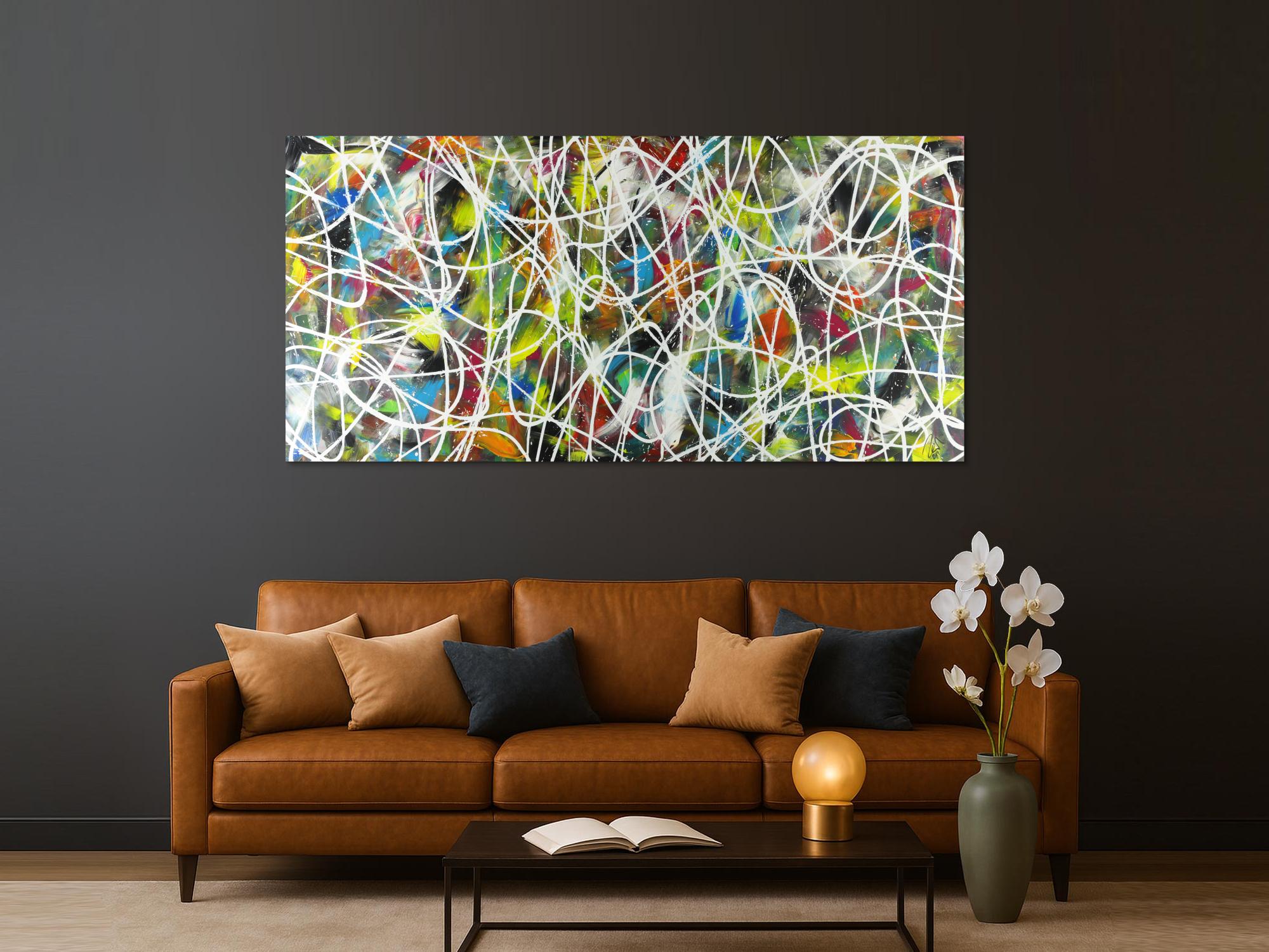 Abstraktes Acrylbild sehr bunt modern Action Painting mit weißen Streifen