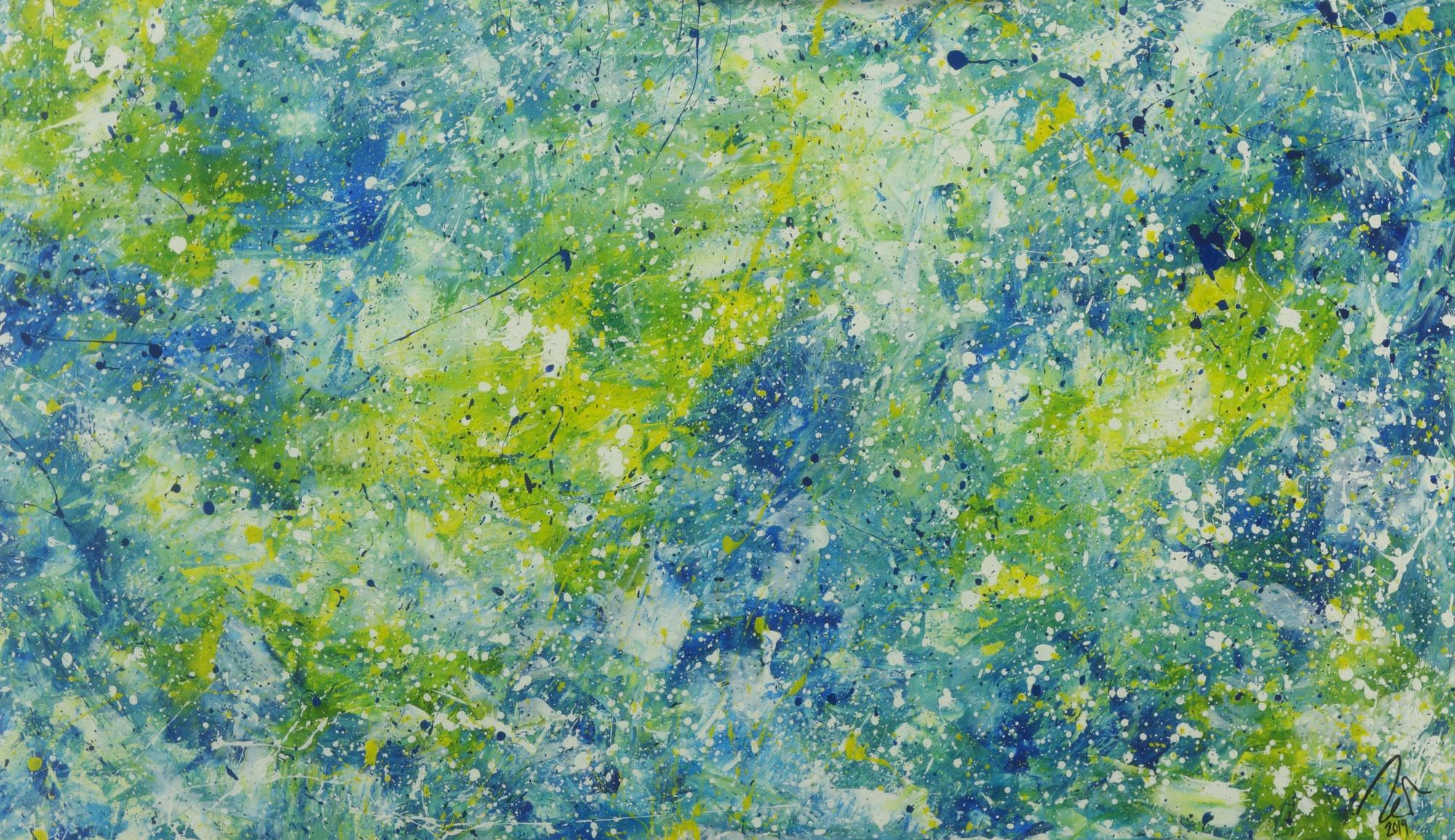 Abstraktes Acrylbild sehr modern blau türkis gelb grün weiß zeitgenössisch 