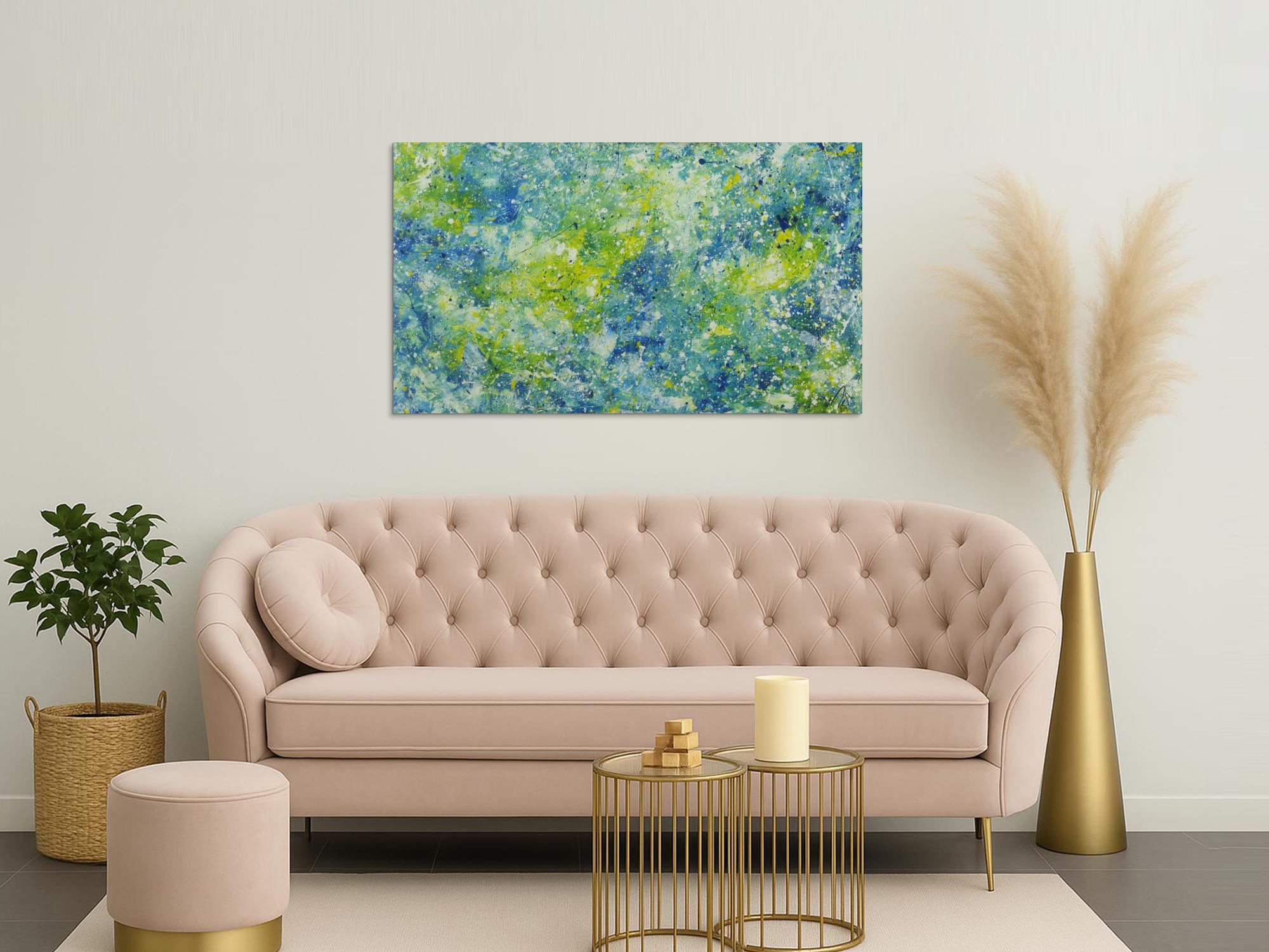 Abstraktes Acrylbild sehr modern blau türkis gelb grün weiß zeitgenössisch 