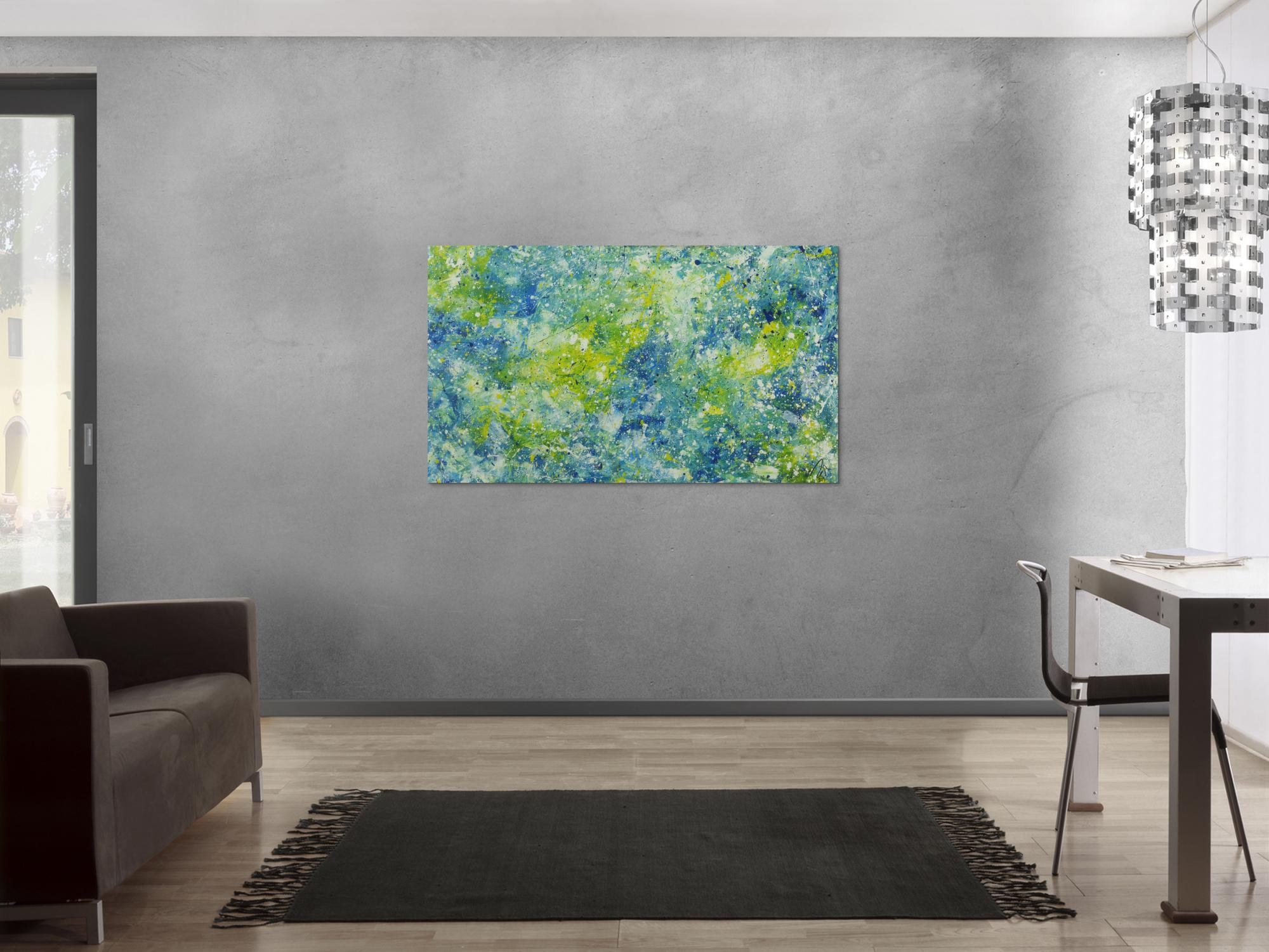 Abstraktes Acrylbild sehr modern blau türkis gelb grün weiß zeitgenössisch 