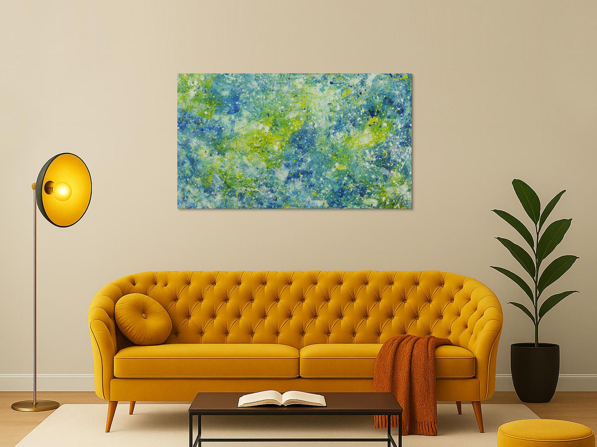 Abstraktes Acrylbild sehr modern blau türkis gelb grün weiß zeitgenössisch 