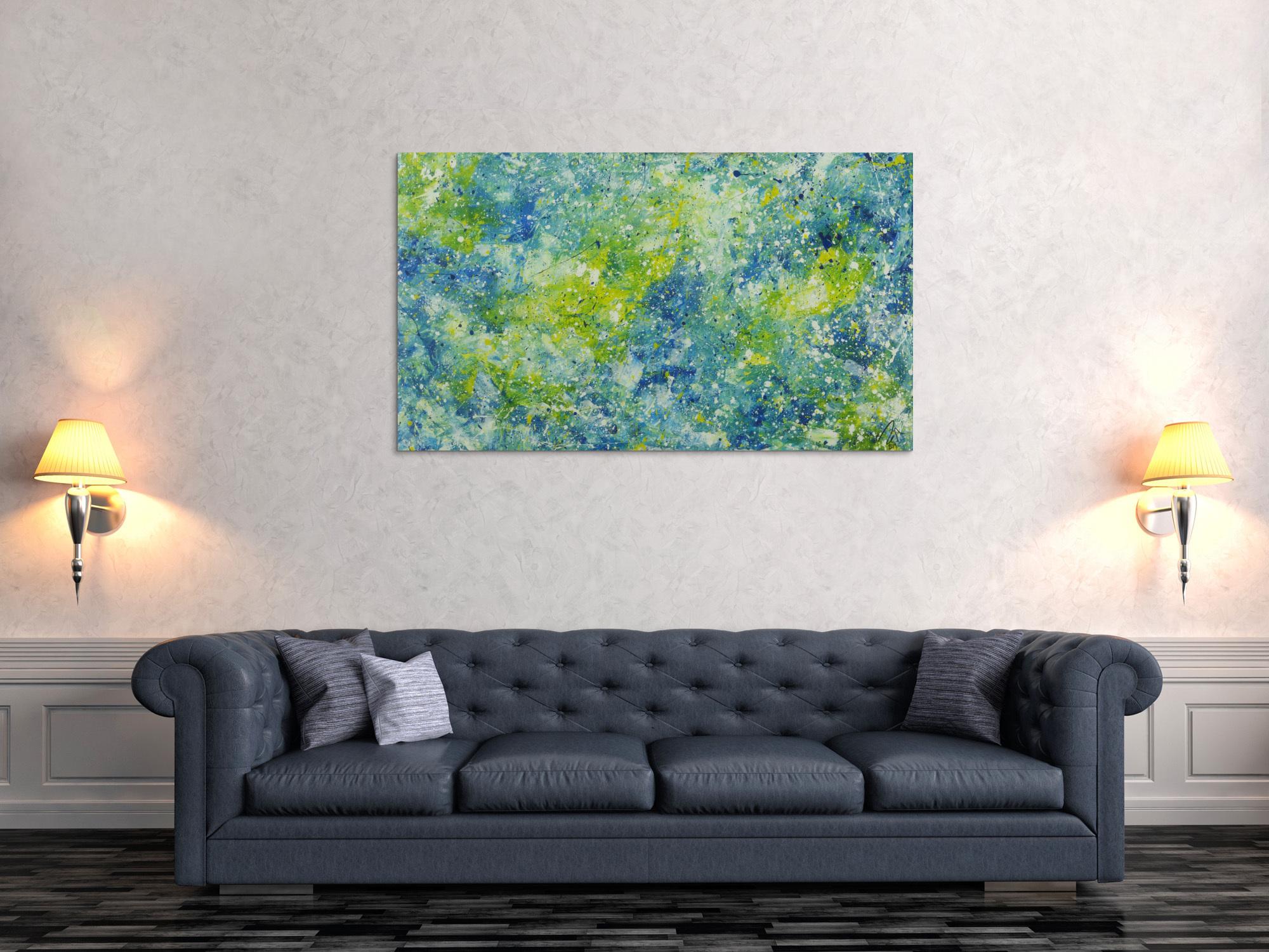 Abstraktes Acrylbild sehr modern blau türkis gelb grün weiß zeitgenössisch 