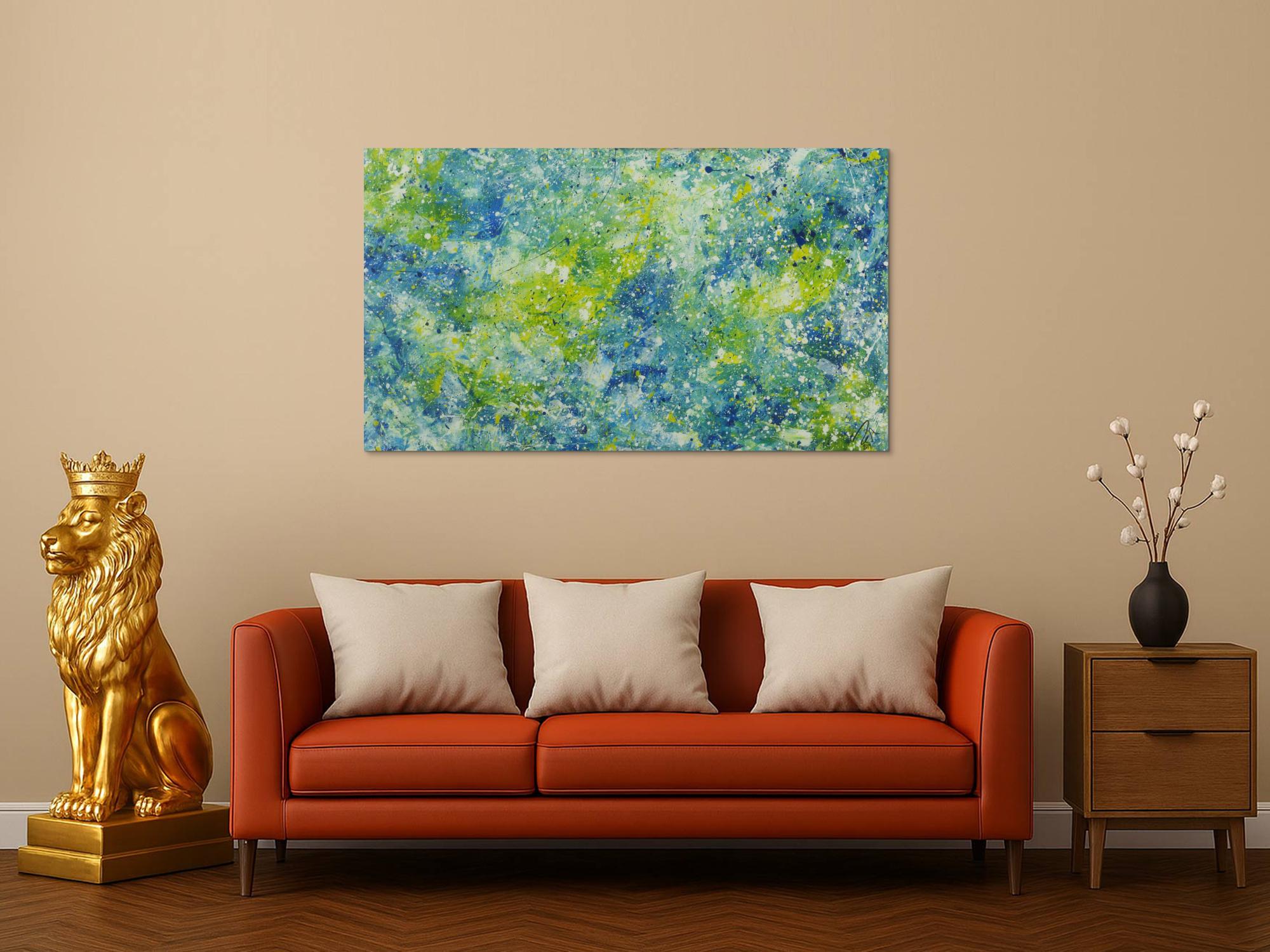 Abstraktes Acrylbild sehr modern blau türkis gelb grün weiß zeitgenössisch 