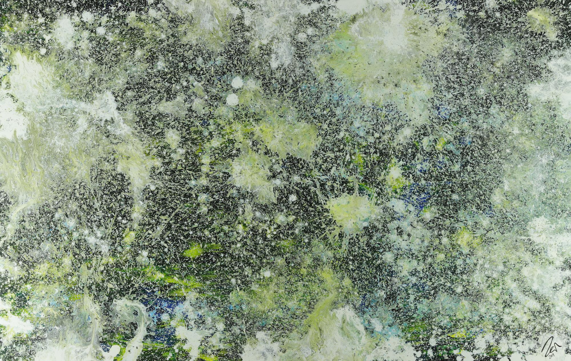 Abstraktes Acrylbild dunkel und hell grün weiß auf dunklem Grund Action Painting