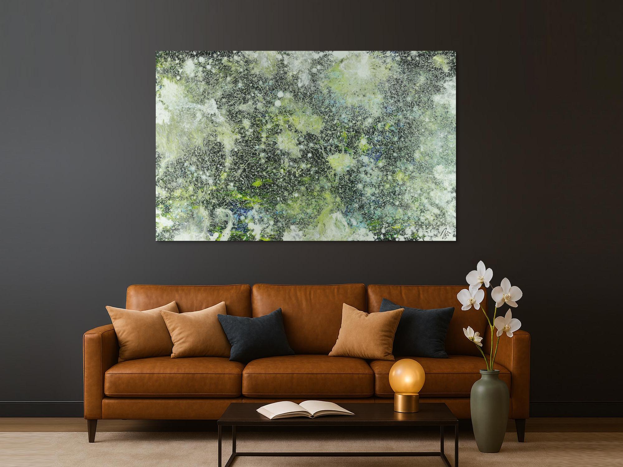 Abstraktes Acrylbild dunkel und hell grün weiß auf dunklem Grund Action Painting