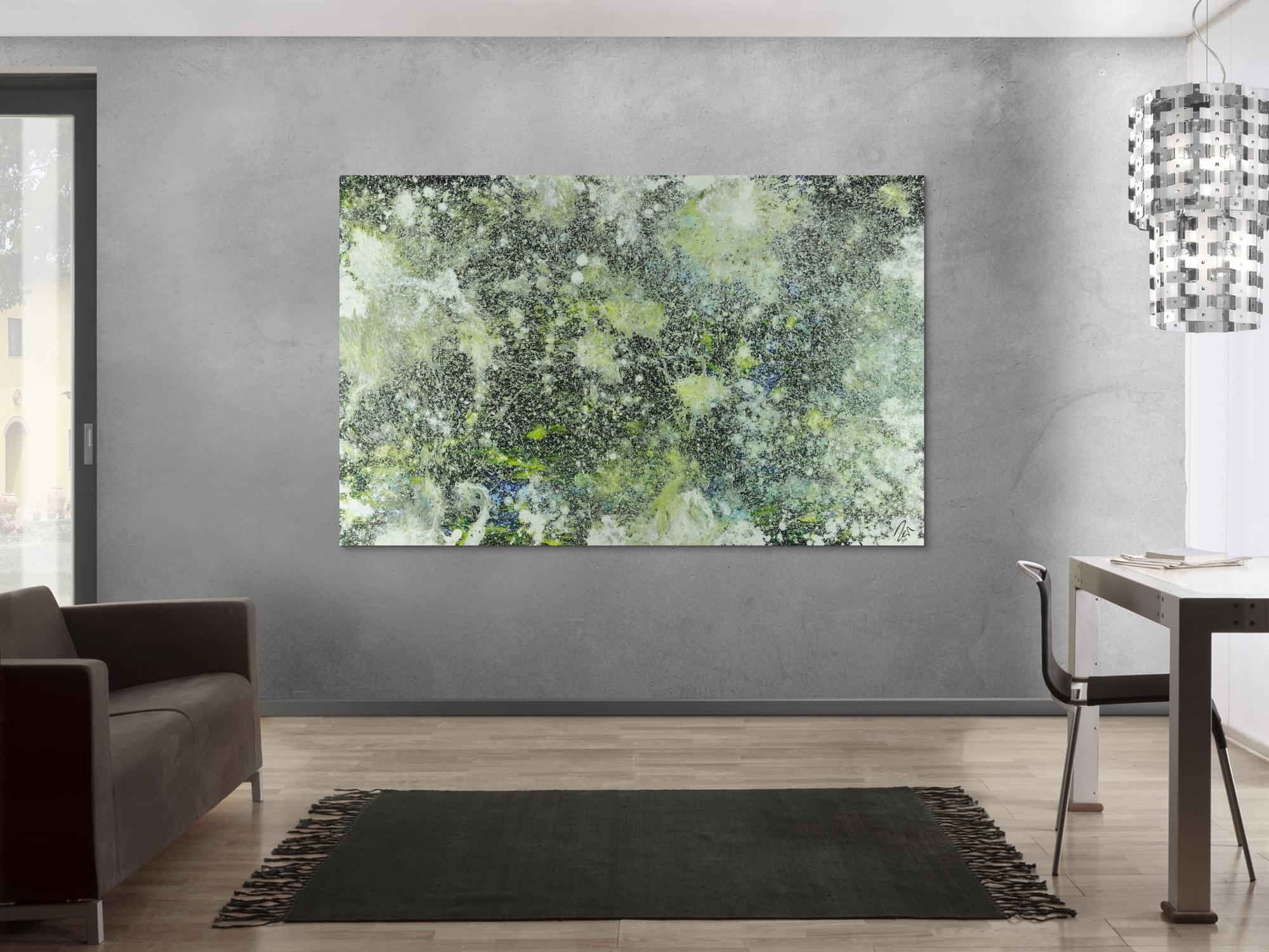 Abstraktes Acrylbild dunkel und hell grün weiß auf dunklem Grund Action Painting