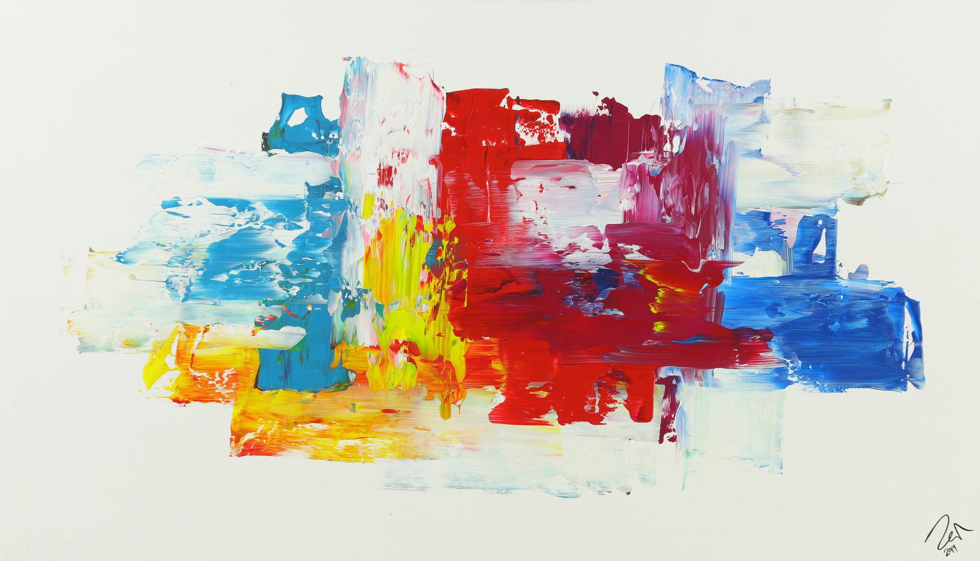 Abstraktes Acrylbild bunte Farben auf weißem Grund Spachteltechnik modern abstrakt expressionistisch