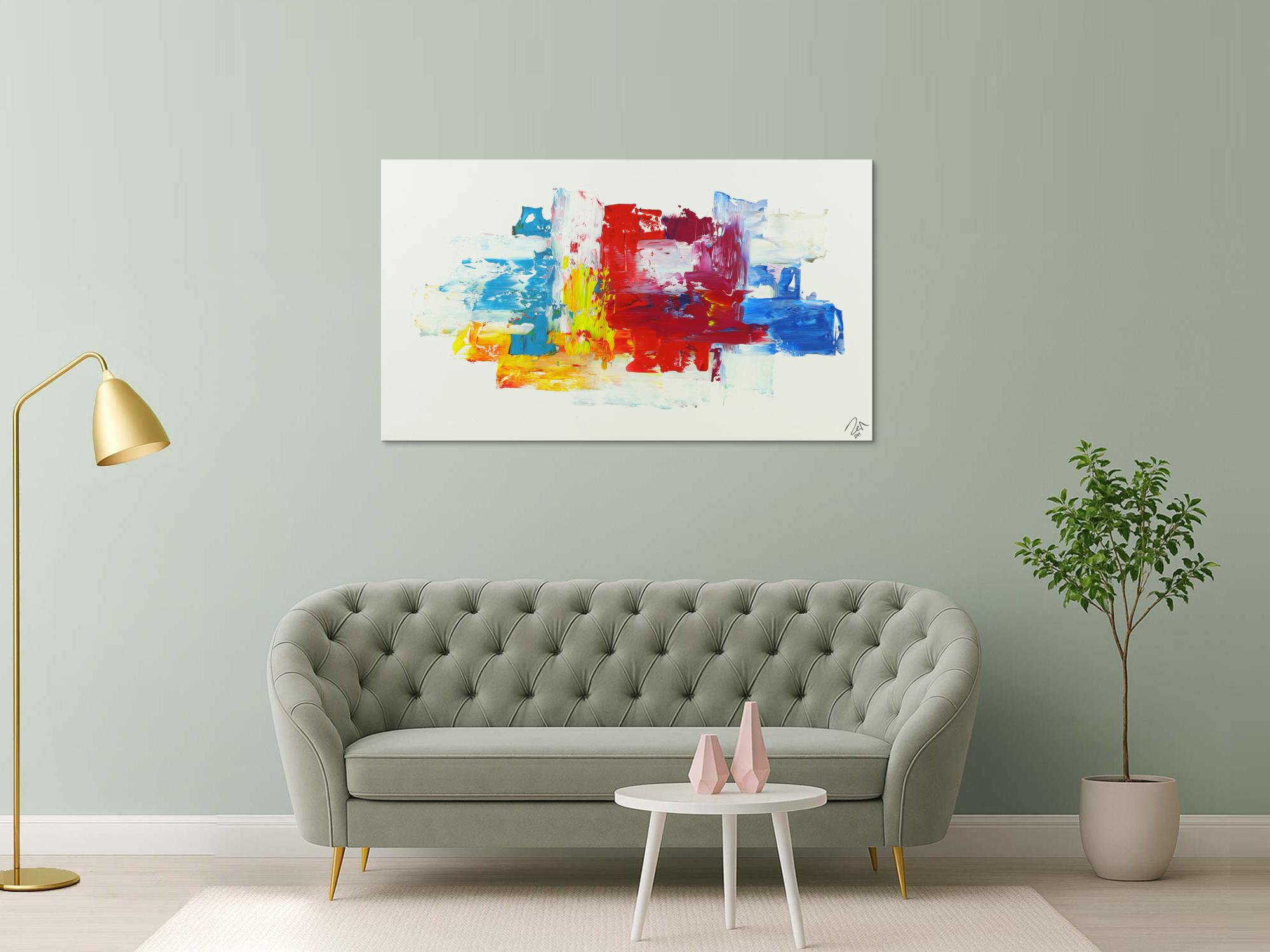 Abstraktes Acrylbild bunte Farben auf weißem Grund Spachteltechnik modern abstrakt expressionistisch