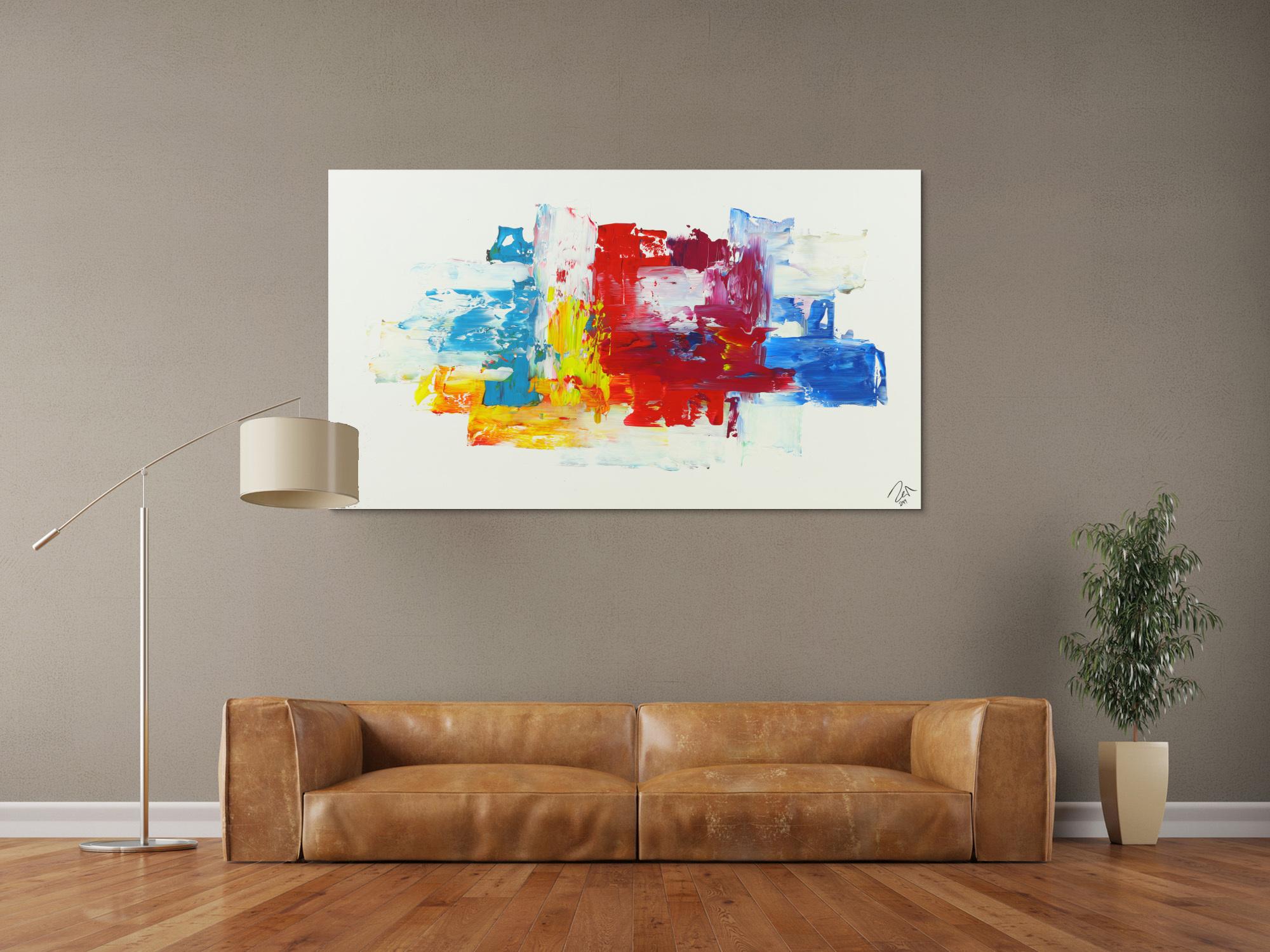 Abstraktes Acrylbild bunte Farben auf weißem Grund Spachteltechnik modern abstrakt expressionistisch