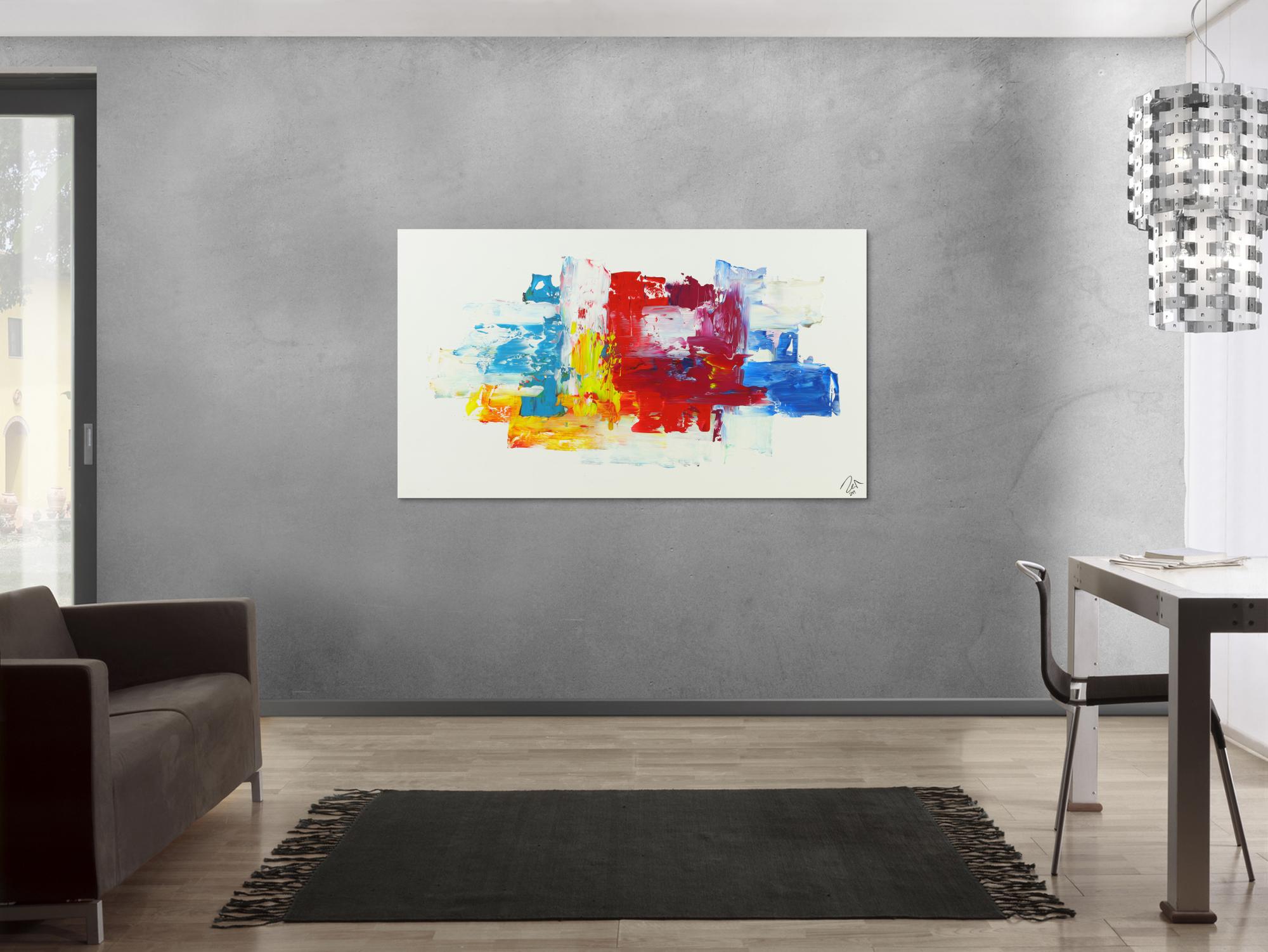 Abstraktes Acrylbild bunte Farben auf weißem Grund Spachteltechnik modern abstrakt expressionistisch