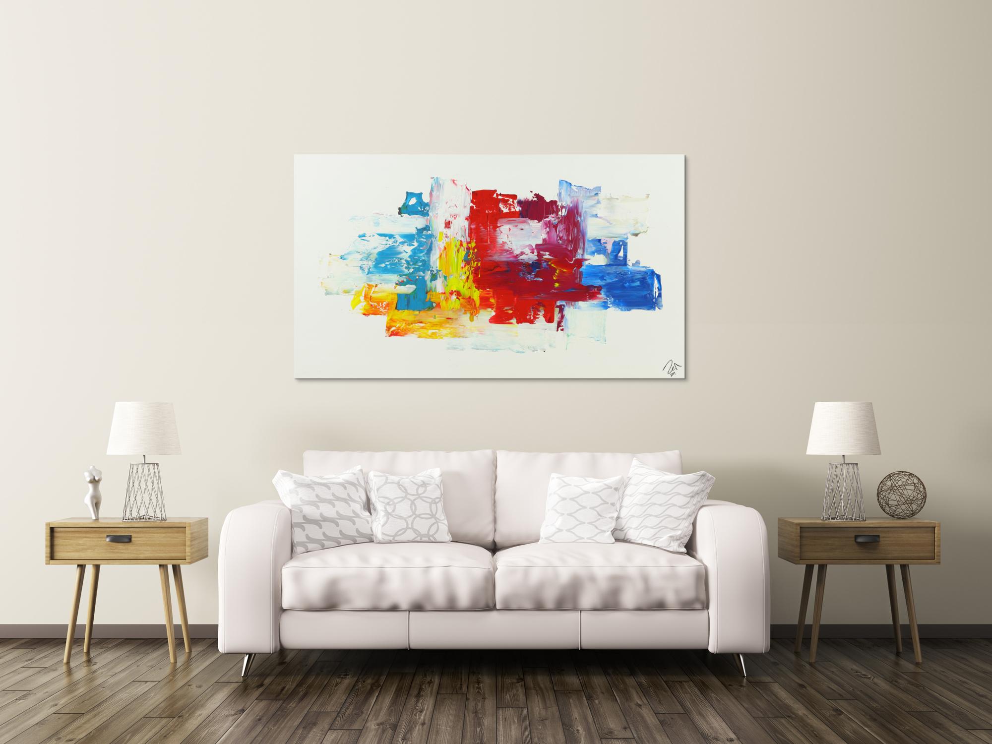 Abstraktes Acrylbild bunte Farben auf weißem Grund Spachteltechnik modern abstrakt expressionistisch