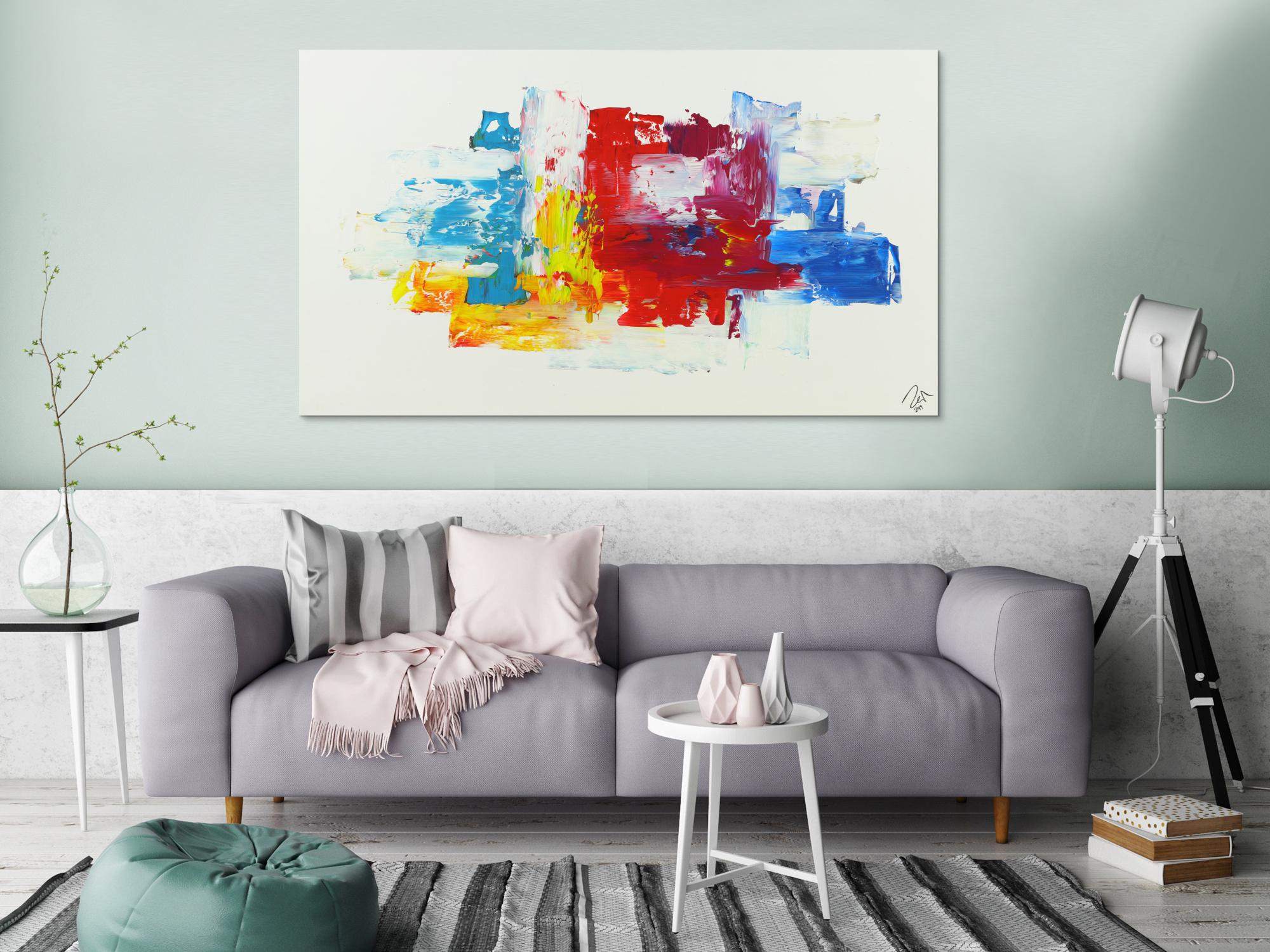 Abstraktes Acrylbild bunte Farben auf weißem Grund Spachteltechnik modern abstrakt expressionistisch