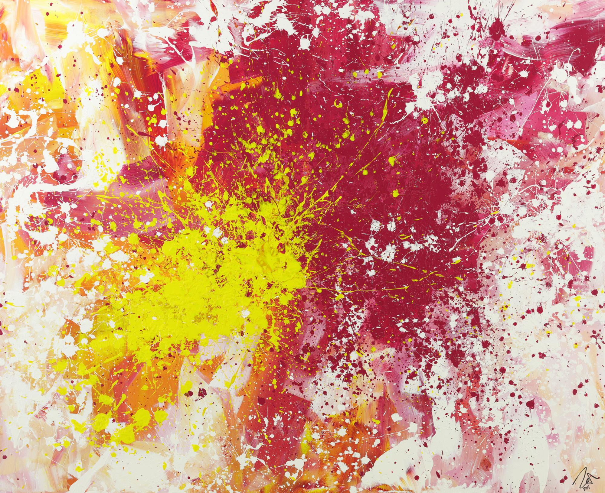 Abstraktes Acrylbild Modern Art Action Painting pink gelb weiß zeitgenössisch