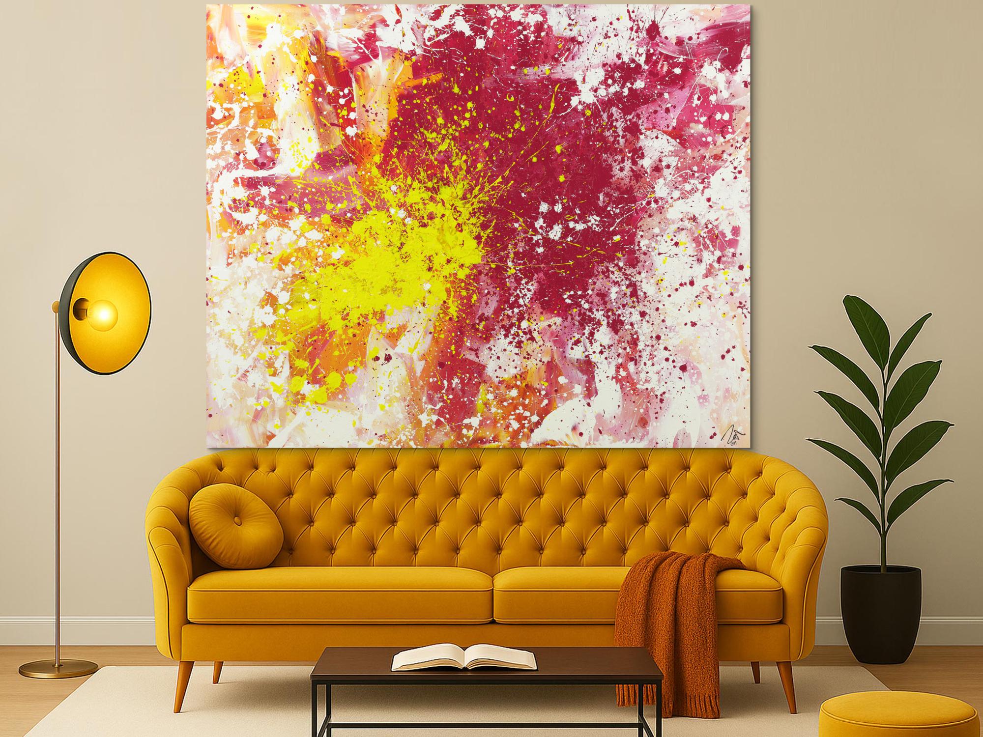 Abstraktes Acrylbild Modern Art Action Painting pink gelb weiß zeitgenössisch