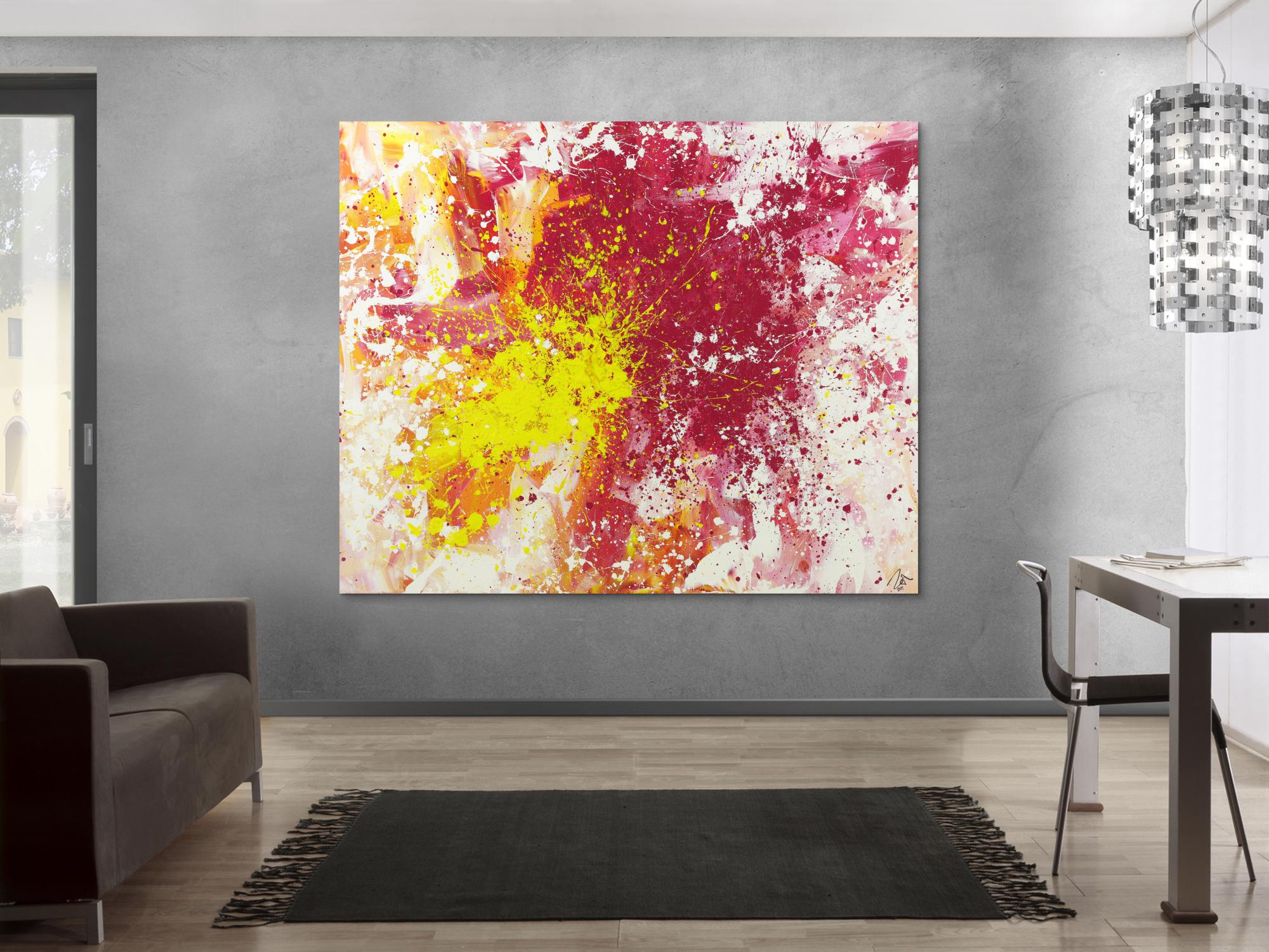 Abstraktes Acrylbild Modern Art Action Painting pink gelb weiß zeitgenössisch