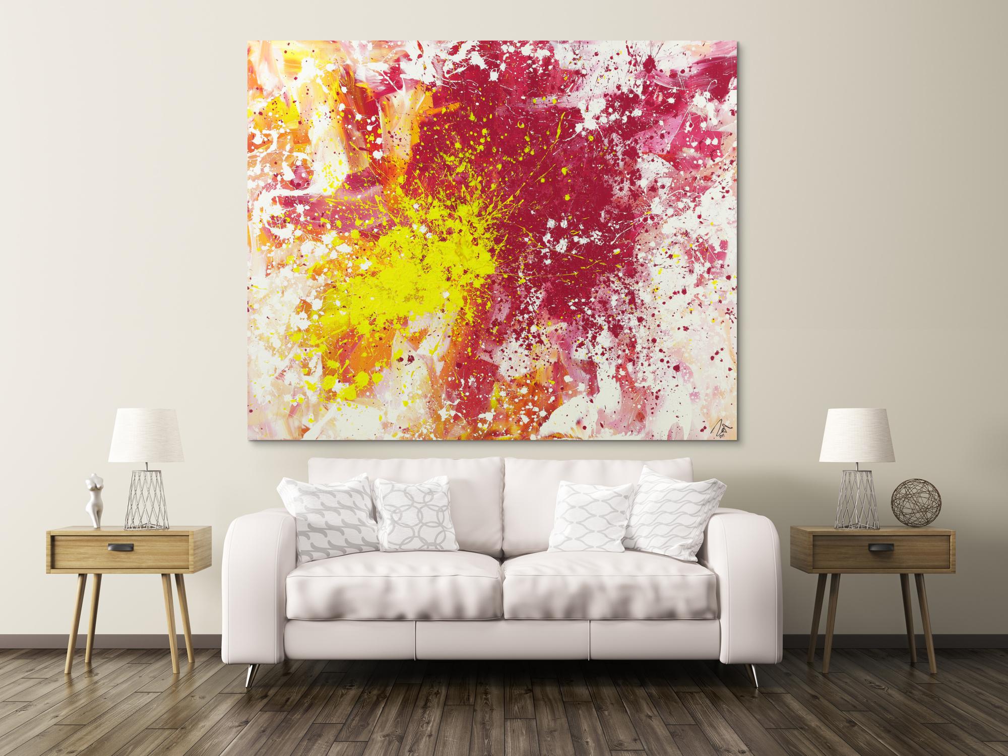 Abstraktes Acrylbild Modern Art Action Painting pink gelb weiß zeitgenössisch