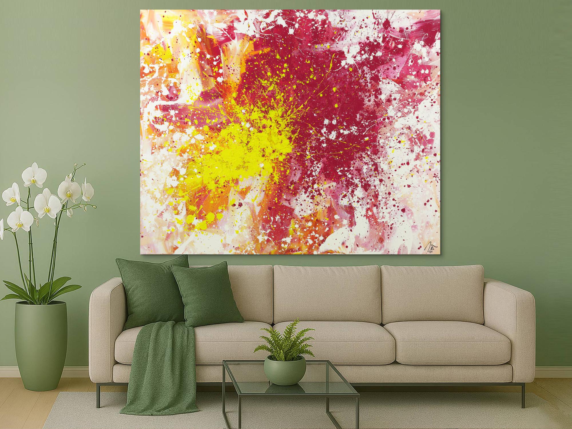 Abstraktes Acrylbild Modern Art Action Painting pink gelb weiß zeitgenössisch