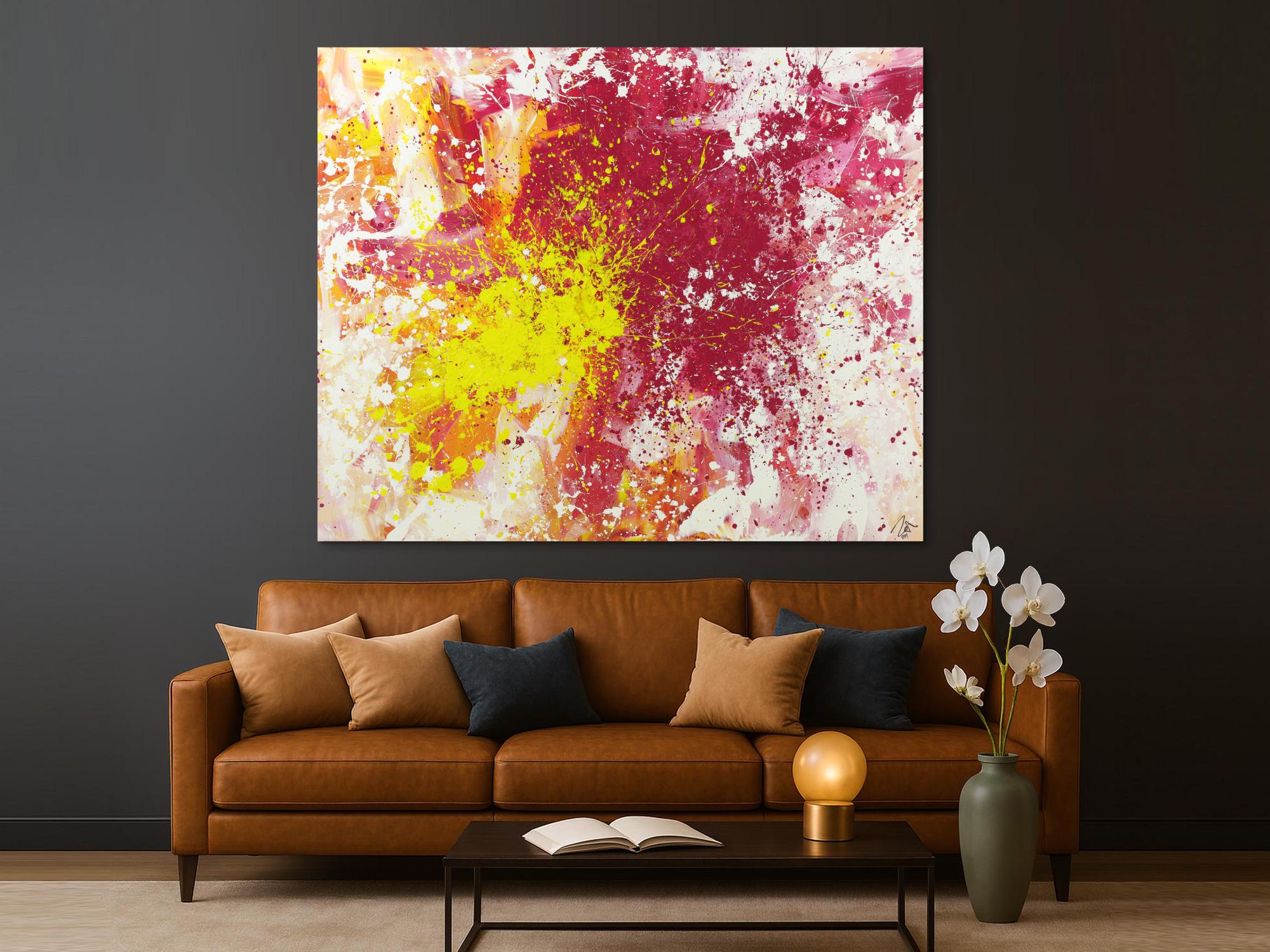 Abstraktes Acrylbild Modern Art Action Painting pink gelb weiß zeitgenössisch