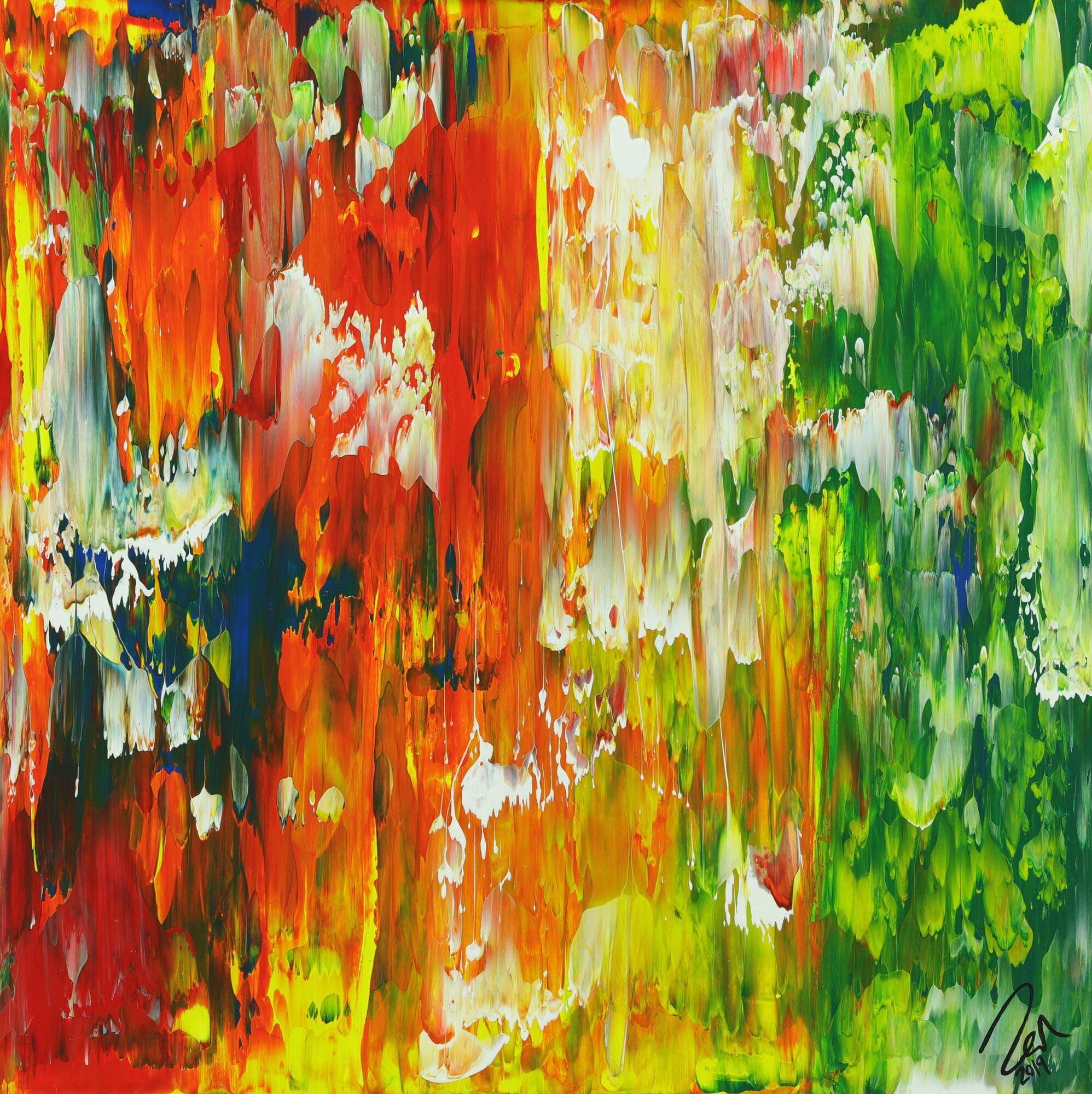 Abstraktes Acrylbild Spachteltechnik gelb rot orange grün blau zeitgenössisch modern