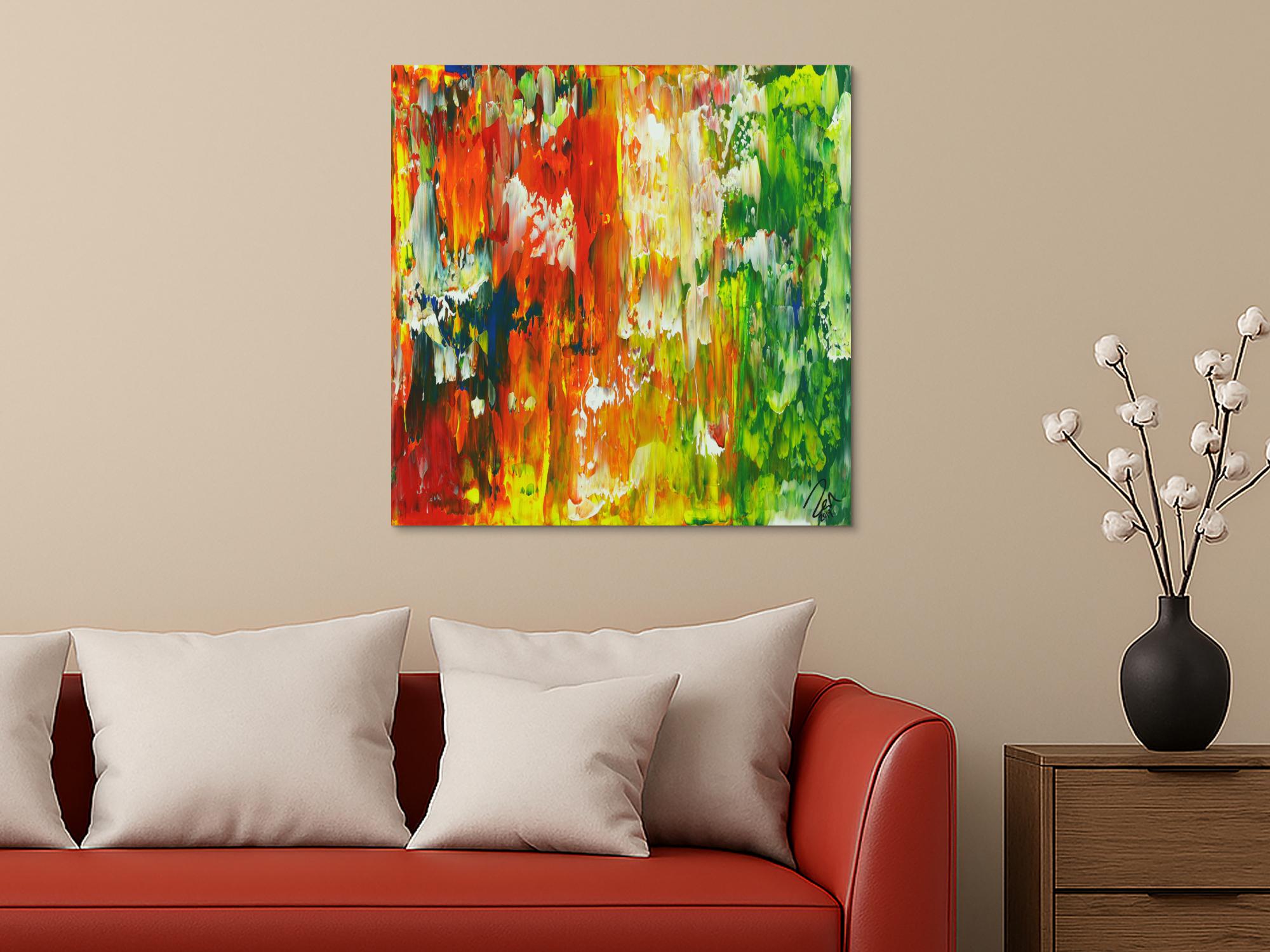 Abstraktes Acrylbild Spachteltechnik gelb rot orange grün blau zeitgenössisch modern