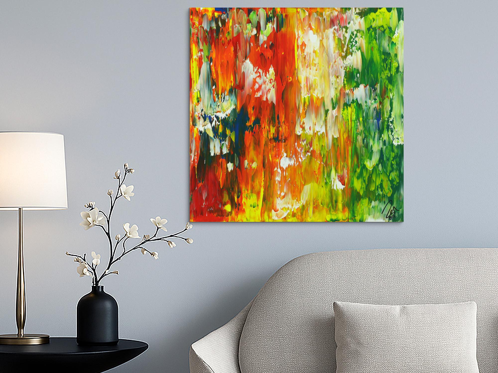 Abstraktes Acrylbild Spachteltechnik gelb rot orange grün blau zeitgenössisch modern