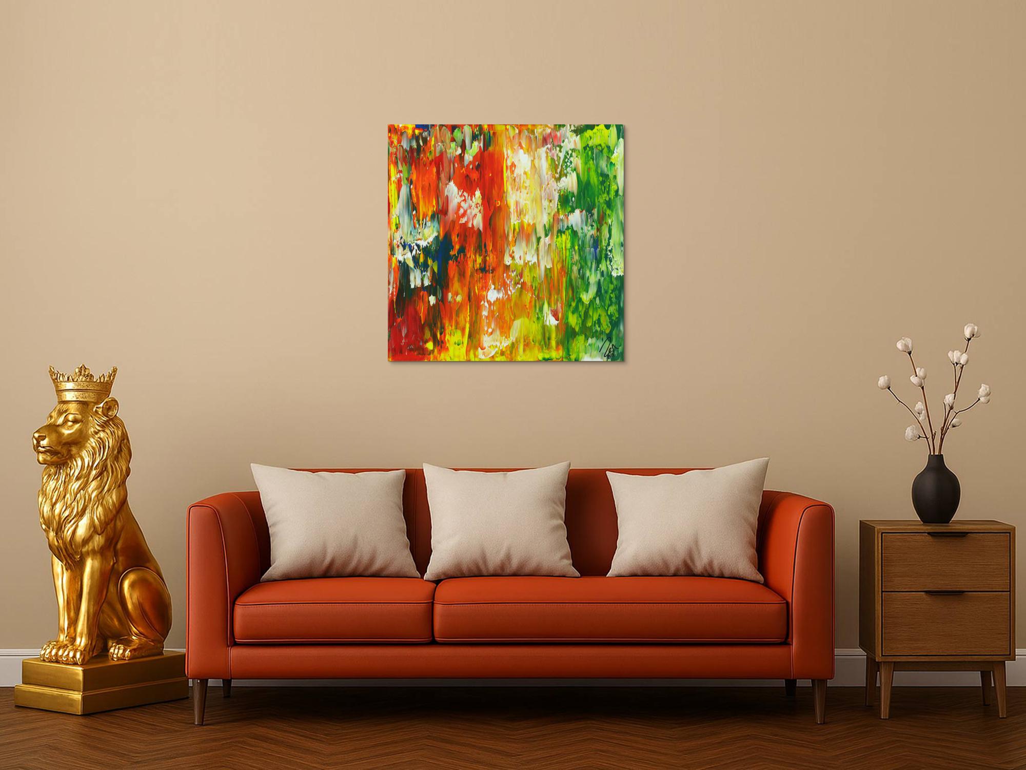 Abstraktes Acrylbild Spachteltechnik gelb rot orange grün blau zeitgenössisch modern