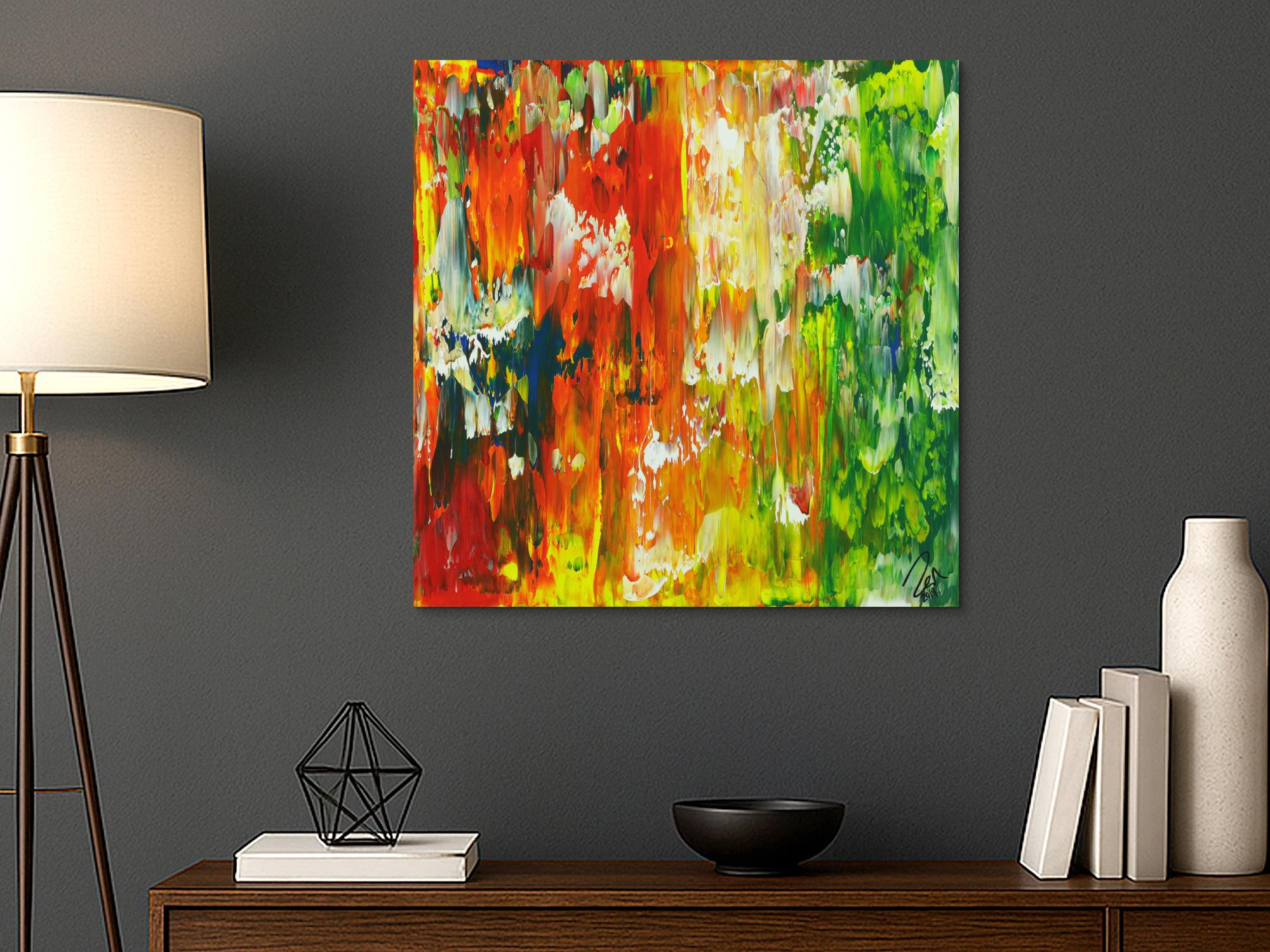 Abstraktes Acrylbild Spachteltechnik gelb rot orange grün blau zeitgenössisch modern