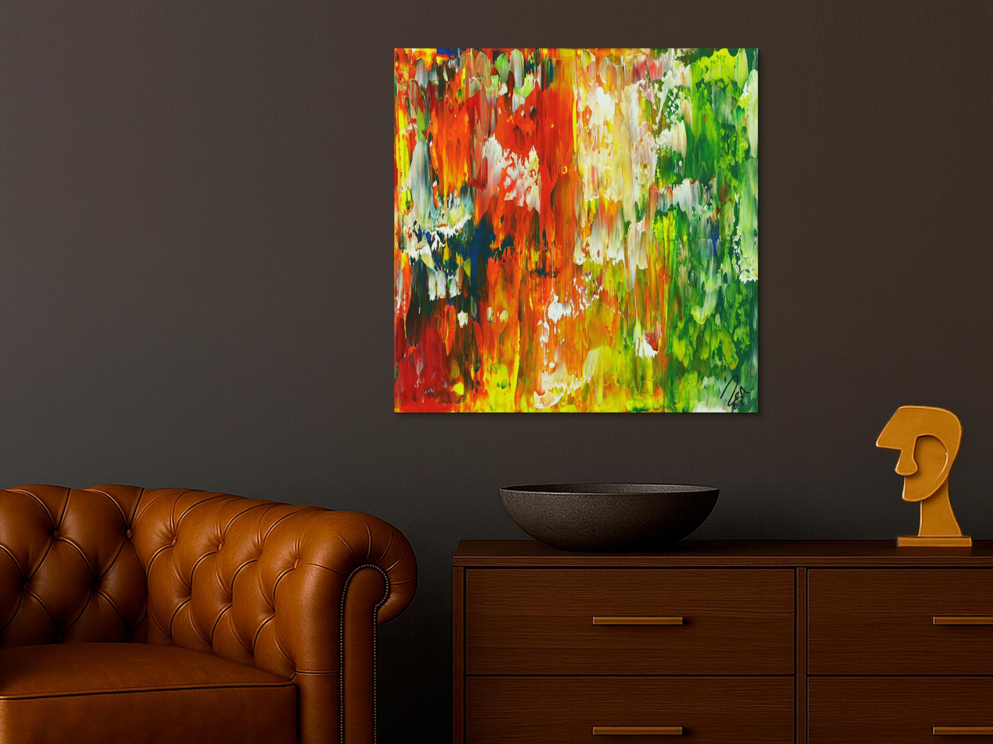 Abstraktes Acrylbild Spachteltechnik gelb rot orange grün blau zeitgenössisch modern