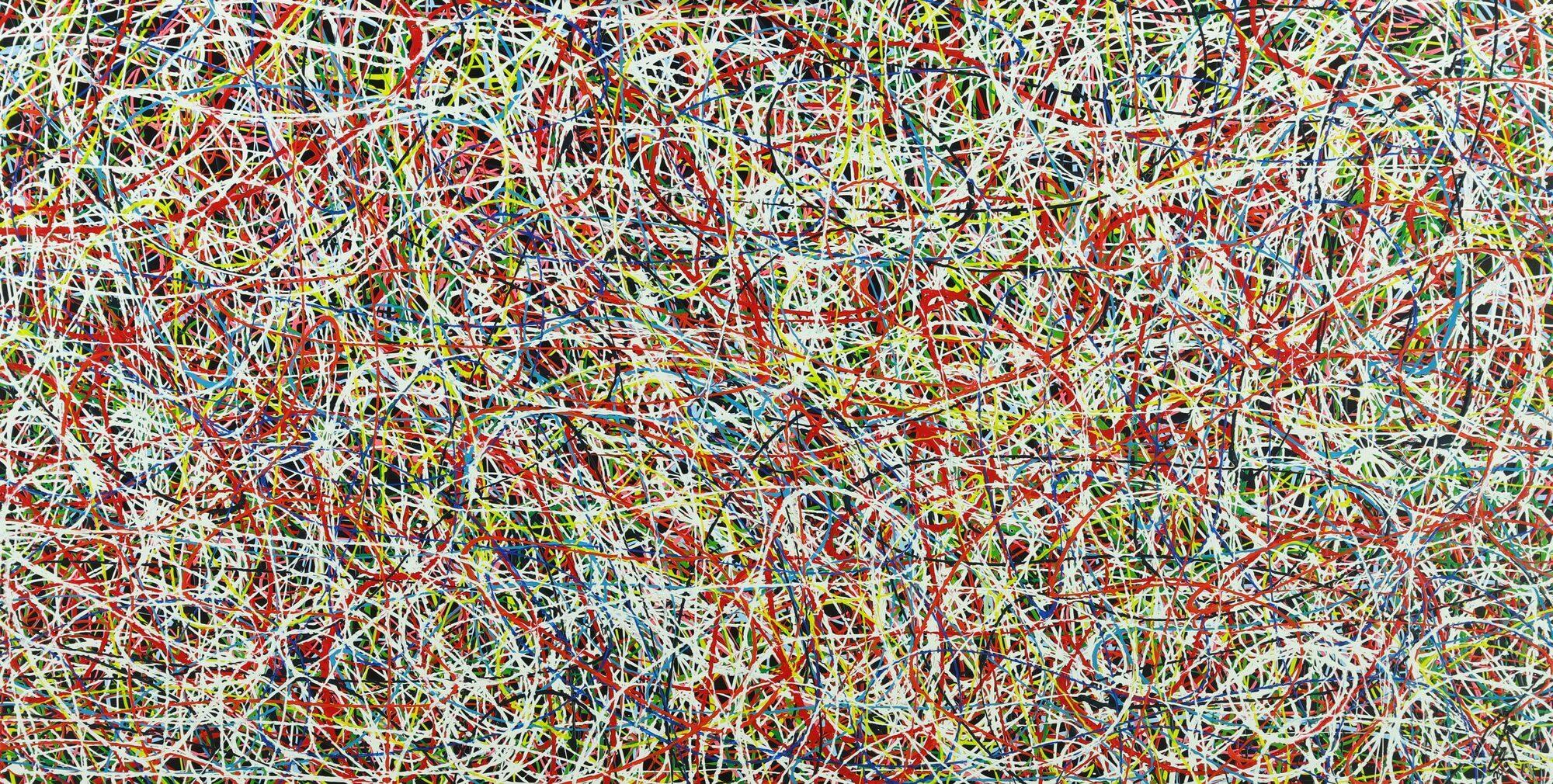 Abstraktes Acrylbild sehr bunt viele Farben auf schwarz Modern Art zeitgenössisch