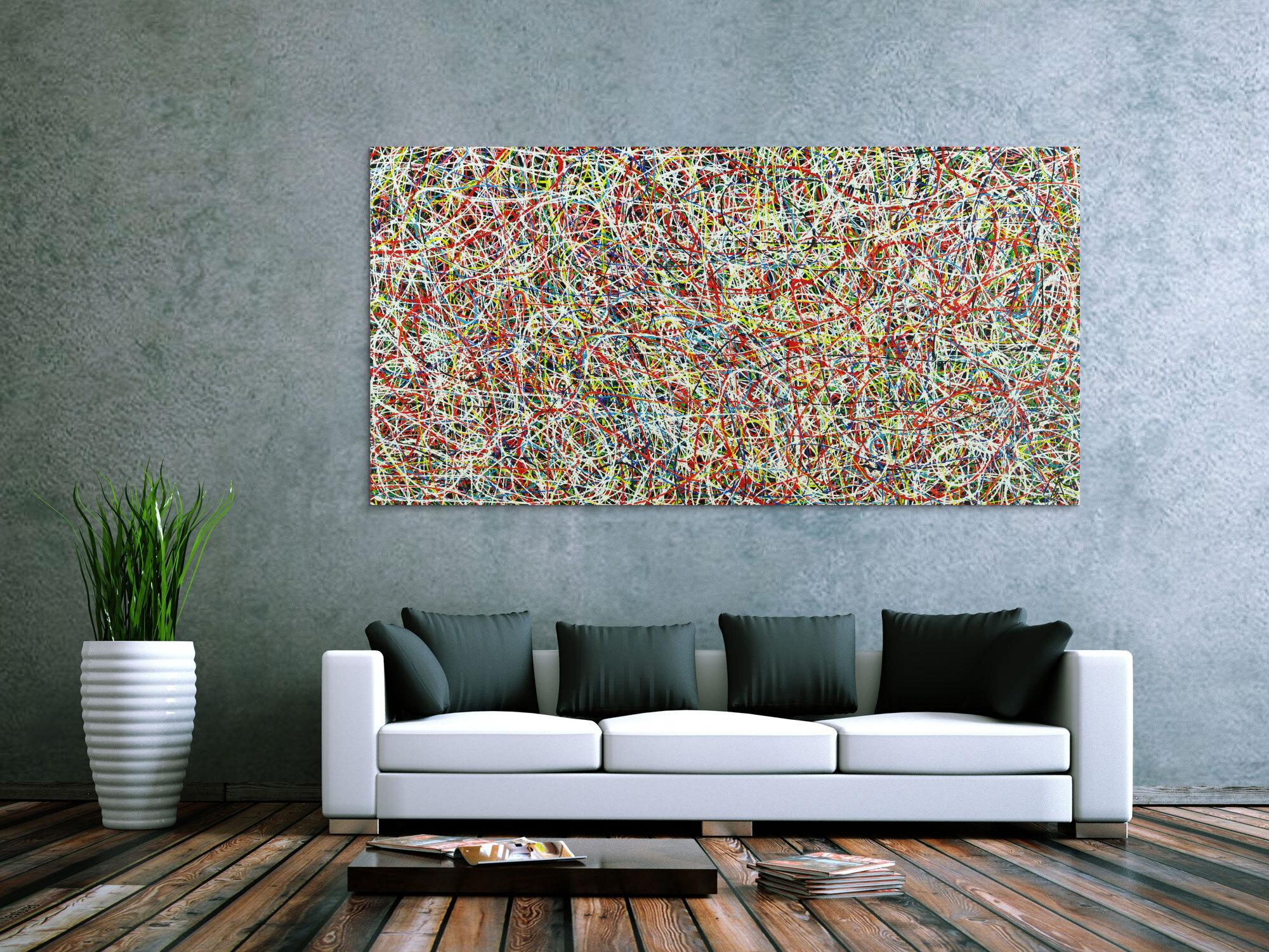 Abstraktes Acrylbild sehr bunt viele Farben auf schwarz Modern Art zeitgenössisch