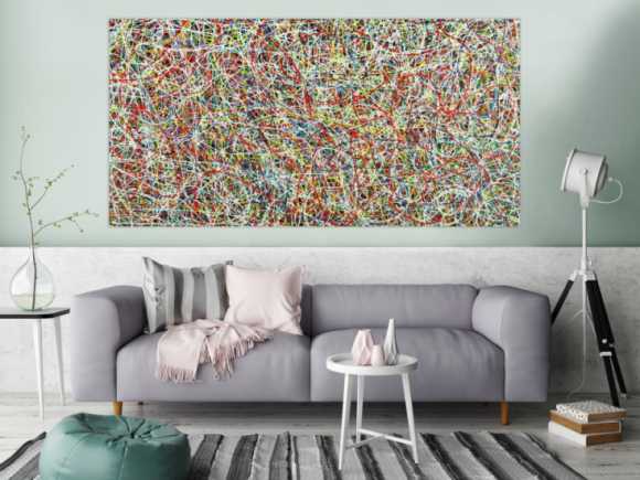 Abstraktes Acrylbild sehr bunt viele Farben auf schwarz Modern Art zeitgenössisch