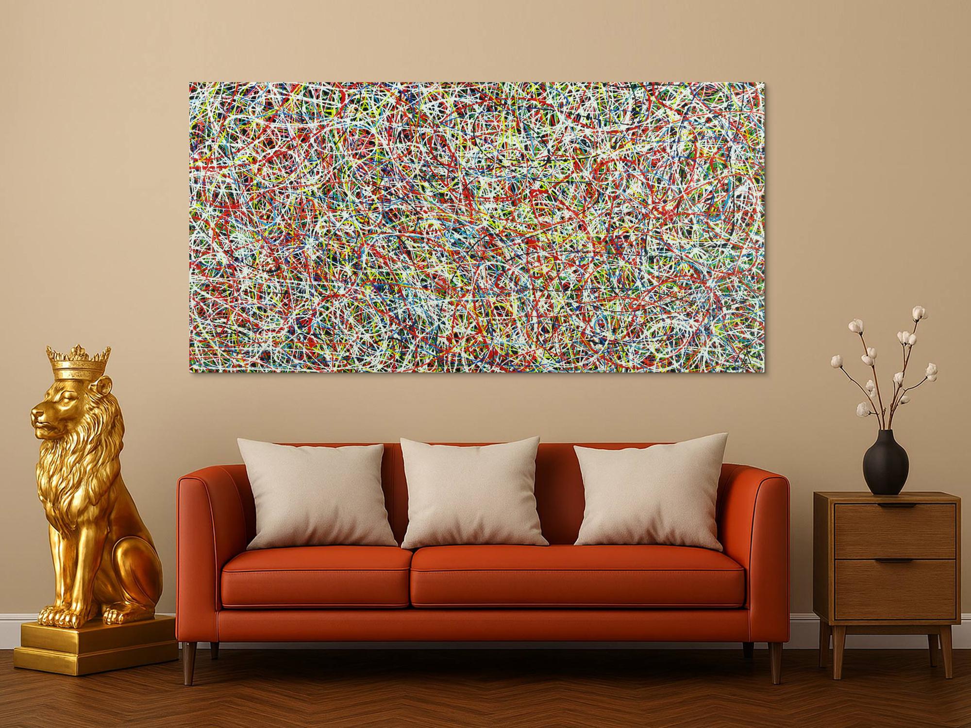 Abstraktes Acrylbild sehr bunt viele Farben auf schwarz Modern Art zeitgenössisch