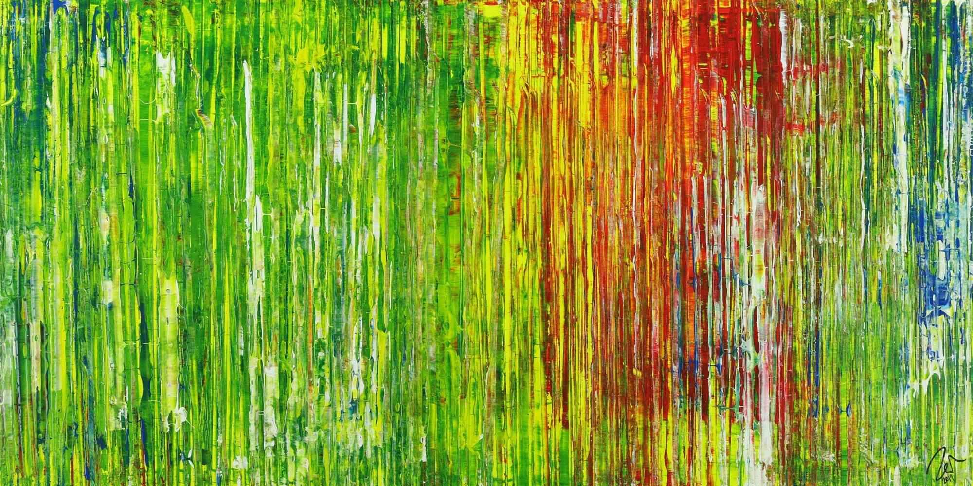 Abstraktes Acrylbild in grün rot gelb blau Spachteltechnik abstrakt expressionistisch Modern Art