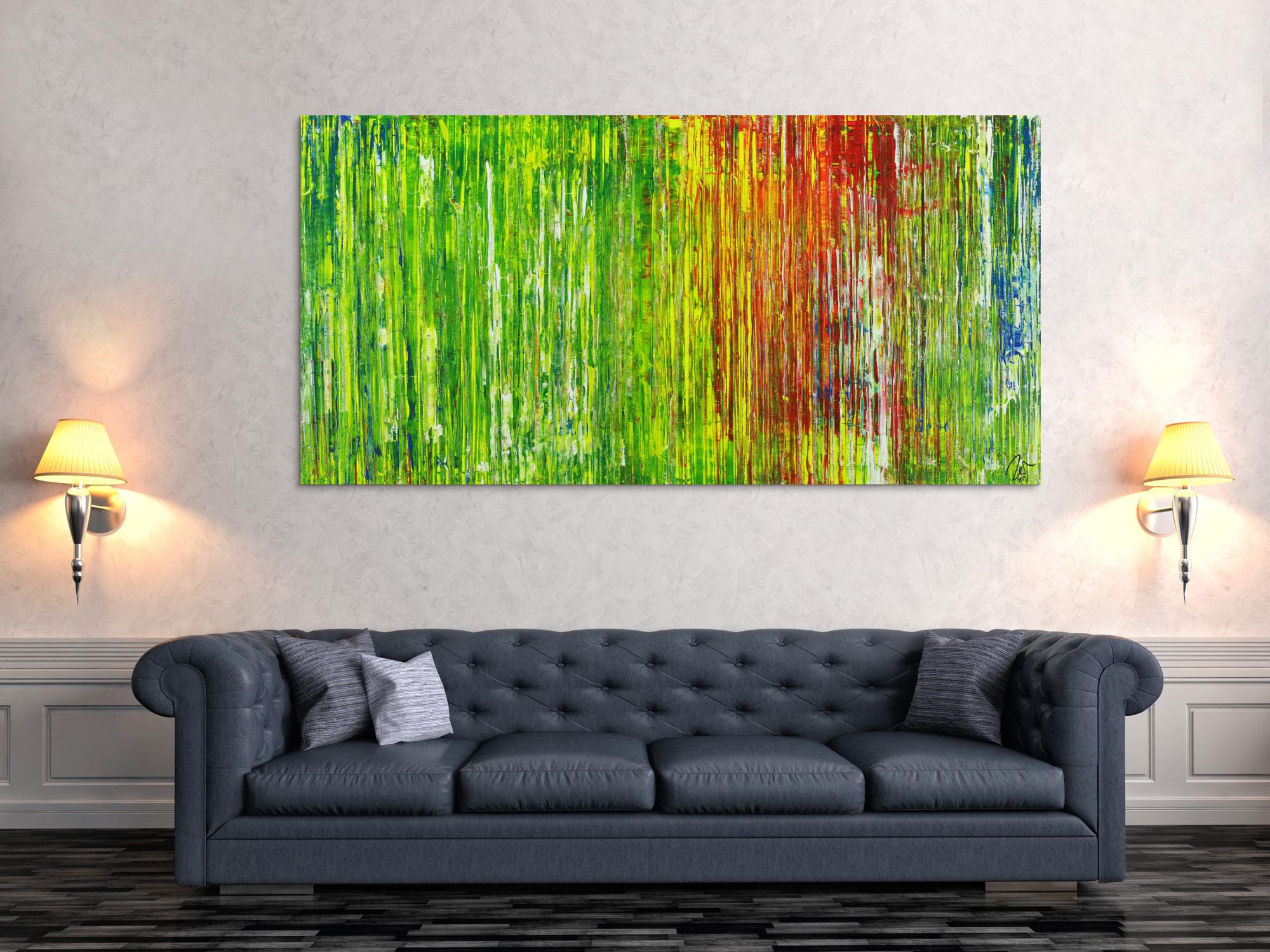 Abstraktes Acrylbild in grün rot gelb blau Spachteltechnik abstrakt expressionistisch Modern Art