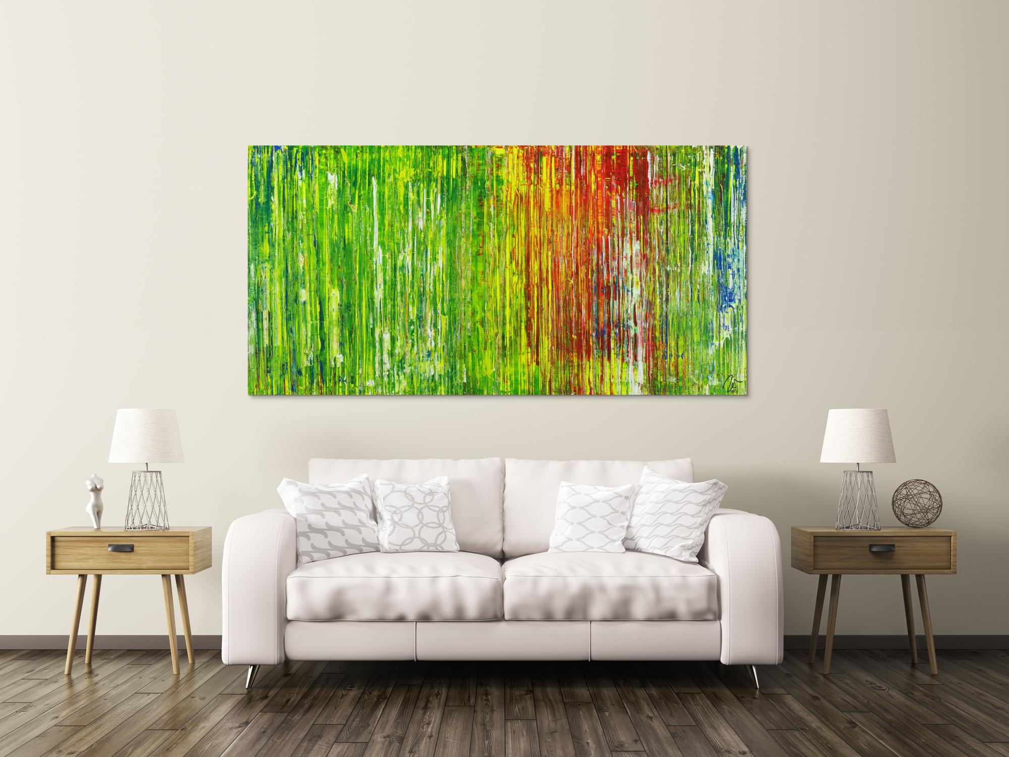 Abstraktes Acrylbild in grün rot gelb blau Spachteltechnik abstrakt expressionistisch Modern Art