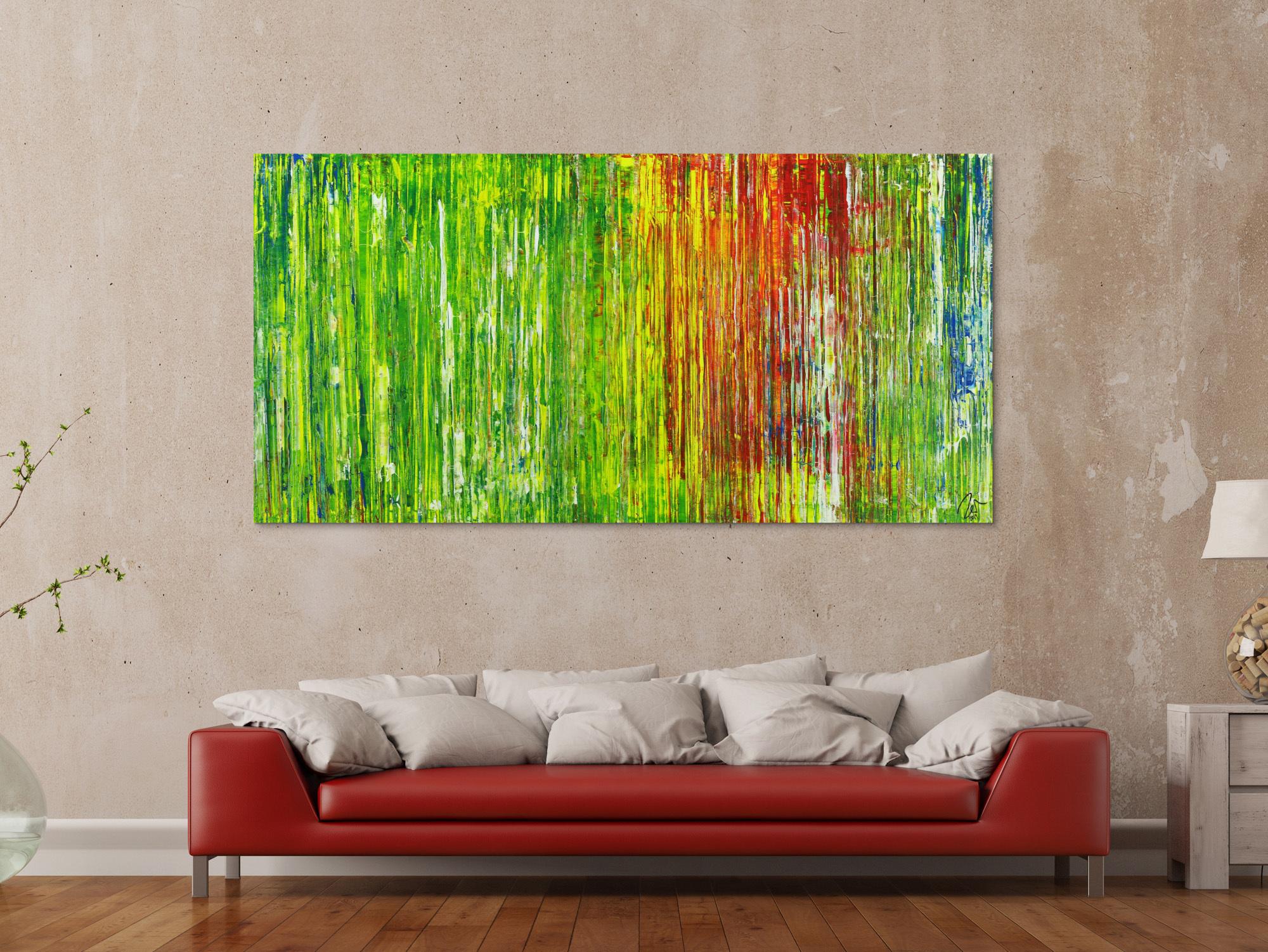 Abstraktes Acrylbild in grün rot gelb blau Spachteltechnik abstrakt expressionistisch Modern Art