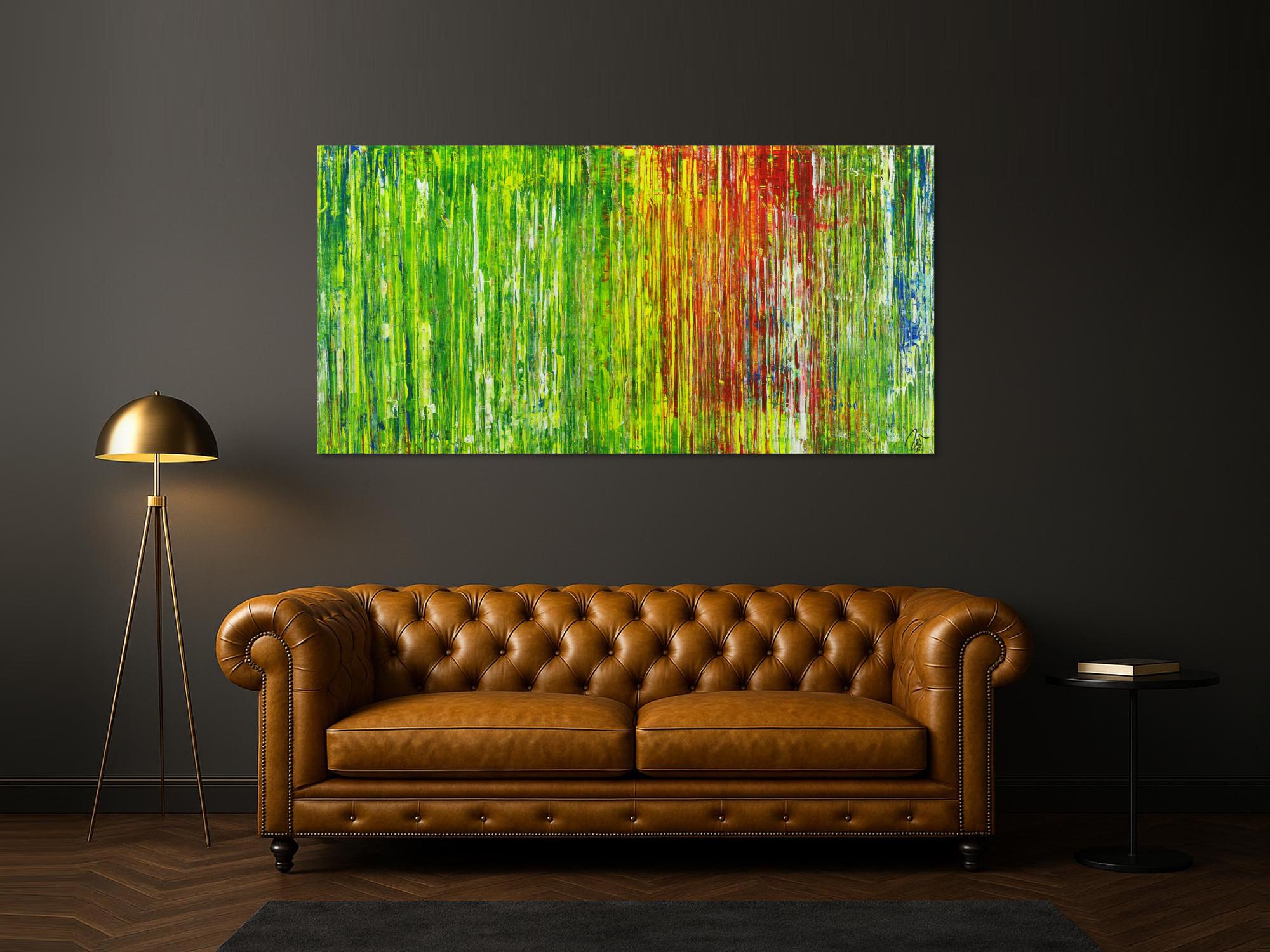 Abstraktes Acrylbild in grün rot gelb blau Spachteltechnik abstrakt expressionistisch Modern Art