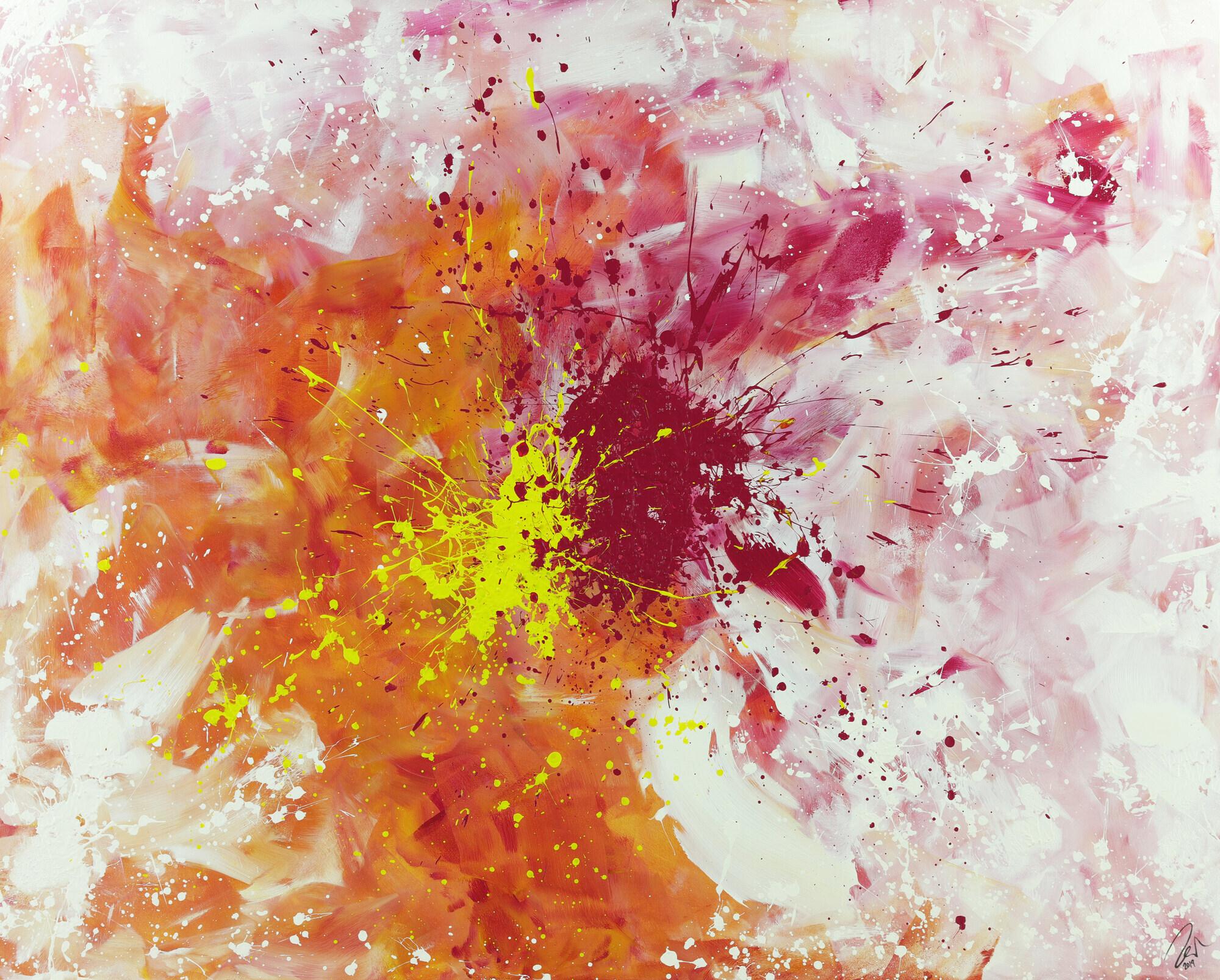 Abstraktes Acrylbild Modern Art groß expressionistisch Action Painting weiß pink rosa gelb orange 