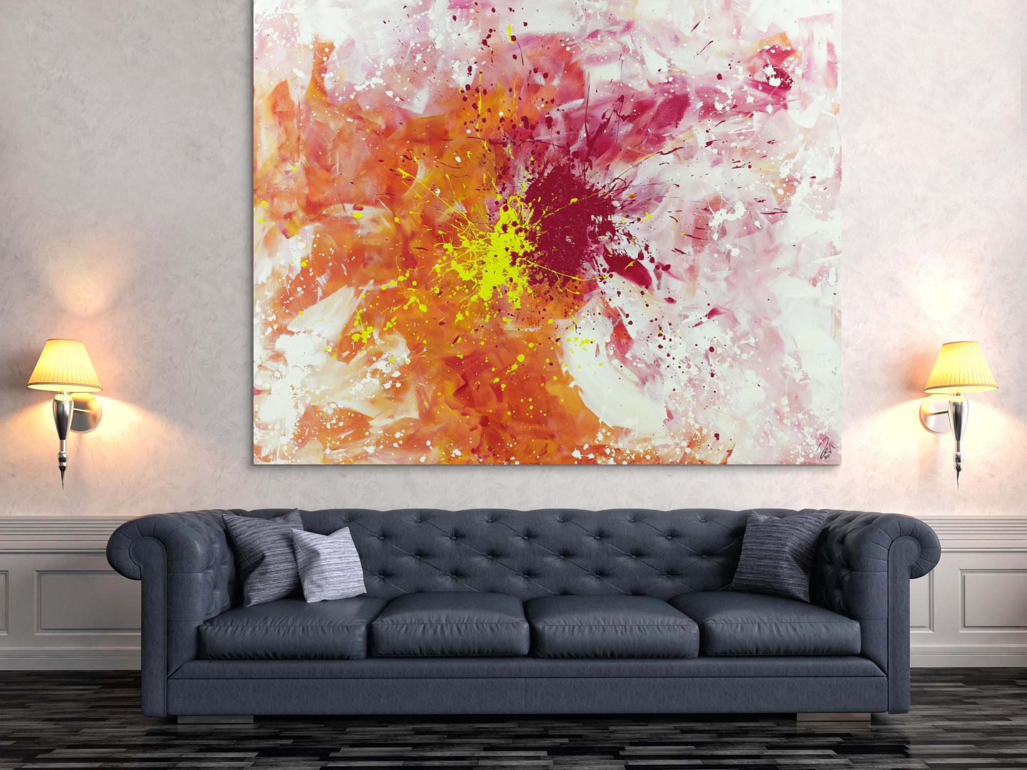 Abstraktes Acrylbild Modern Art groß expressionistisch Action Painting weiß pink rosa gelb orange 