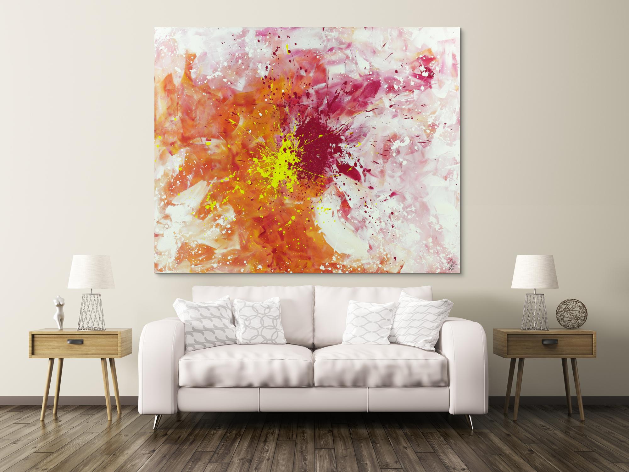 Abstraktes Acrylbild Modern Art groß expressionistisch Action Painting weiß pink rosa gelb orange 