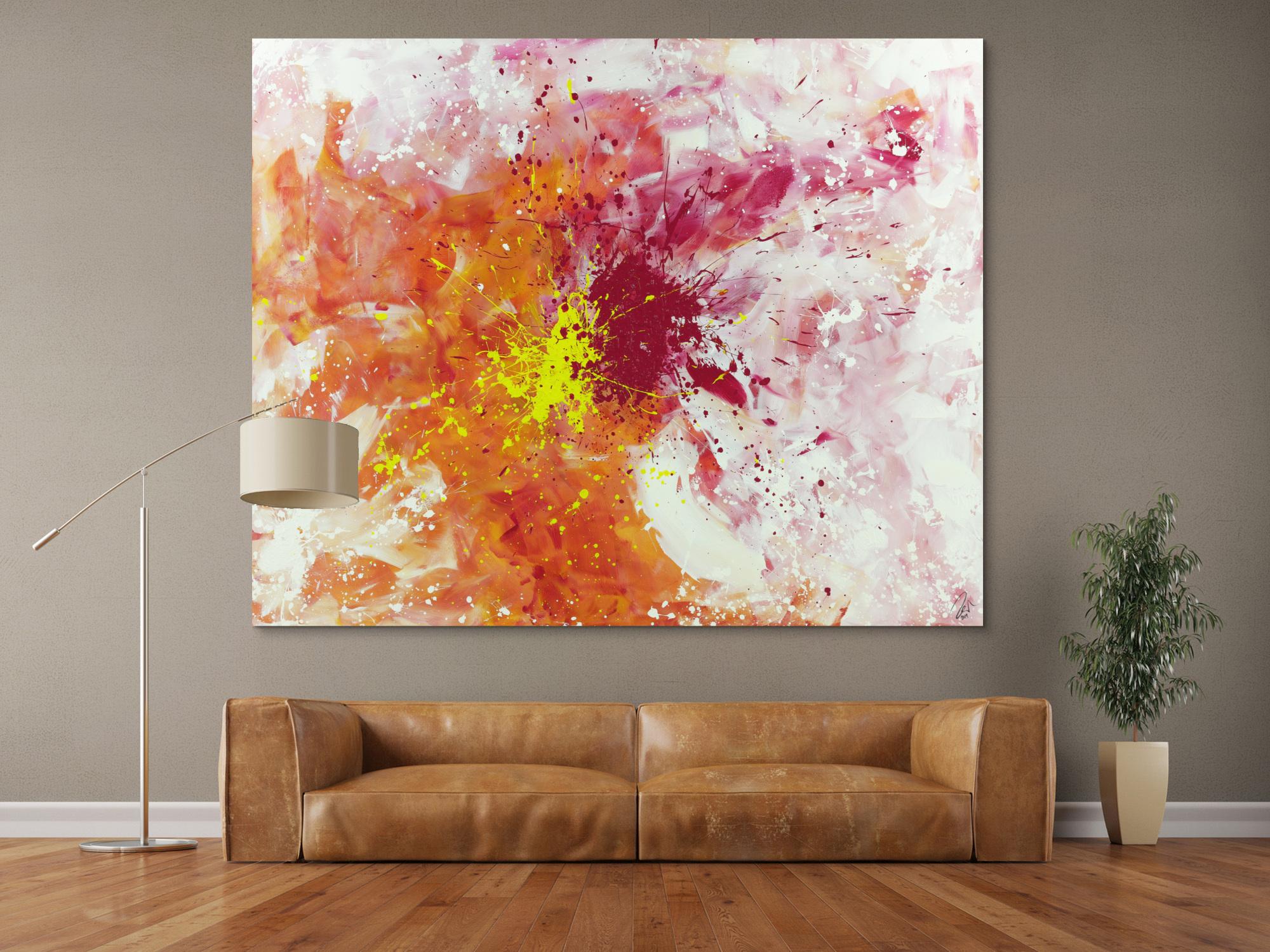Abstraktes Acrylbild Modern Art groß expressionistisch Action Painting weiß pink rosa gelb orange 