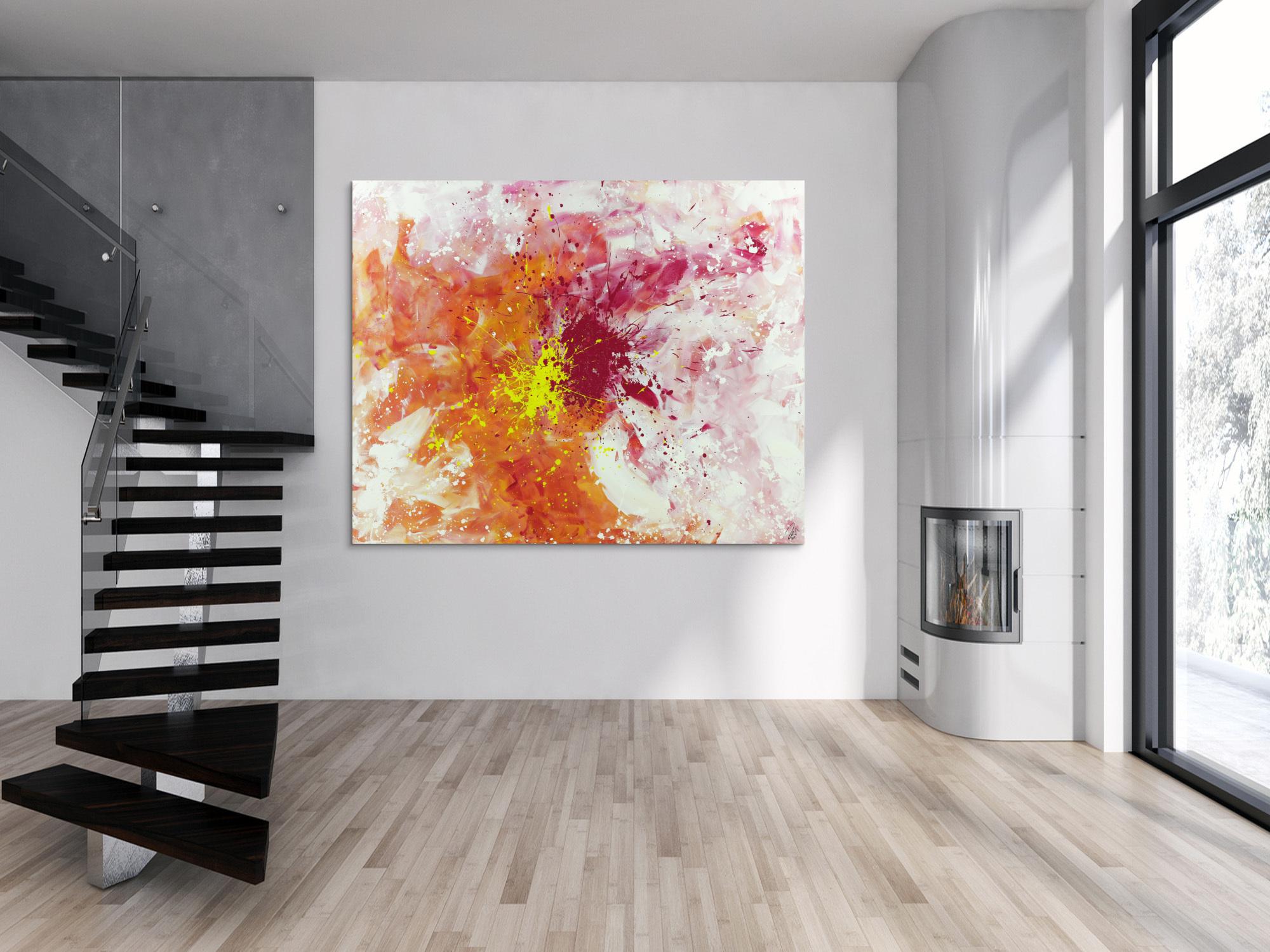 Abstraktes Acrylbild Modern Art groß expressionistisch Action Painting weiß pink rosa gelb orange 