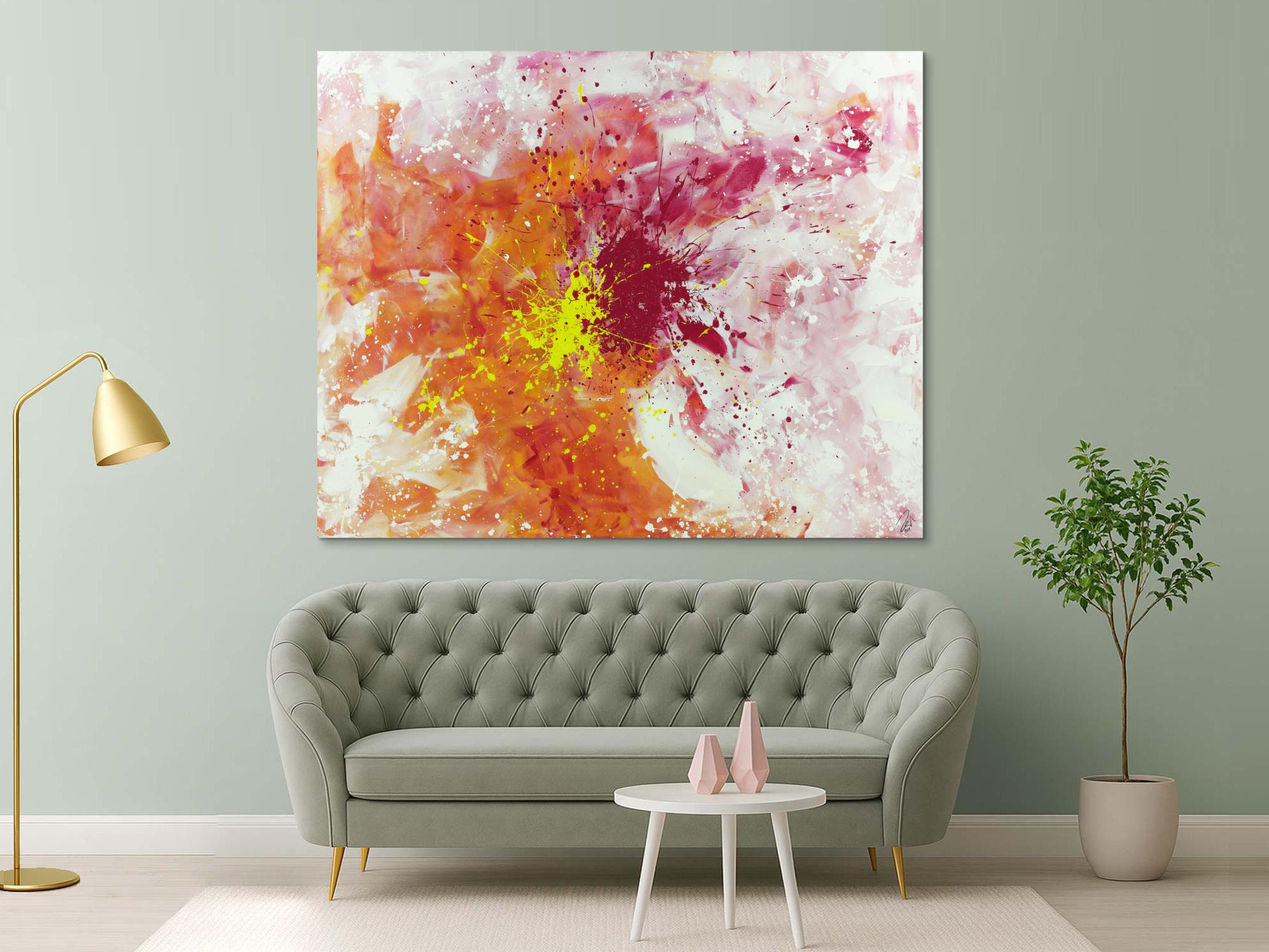 Abstraktes Acrylbild Modern Art groß expressionistisch Action Painting weiß pink rosa gelb orange 