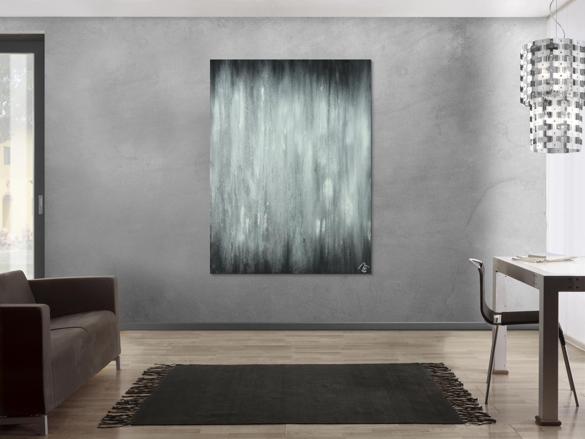 Abstraktes Acrylbild schwarz weiß feine Struktur mit Sand modern zeigenössisch