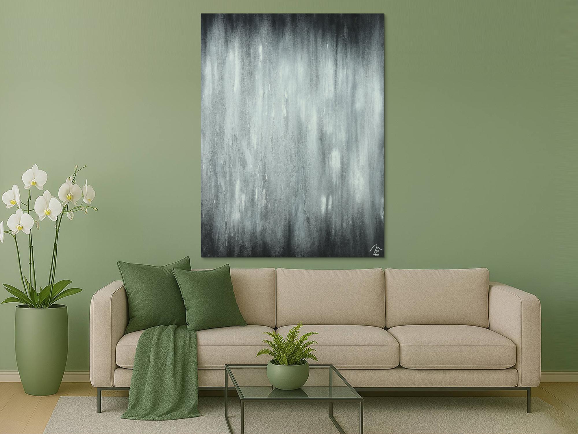 Abstraktes Acrylbild schwarz weiß feine Struktur mit Sand modern zeigenössisch