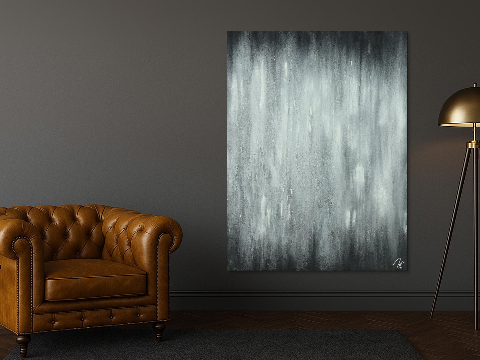 Abstraktes Acrylbild schwarz weiß feine Struktur mit Sand modern zeigenössisch