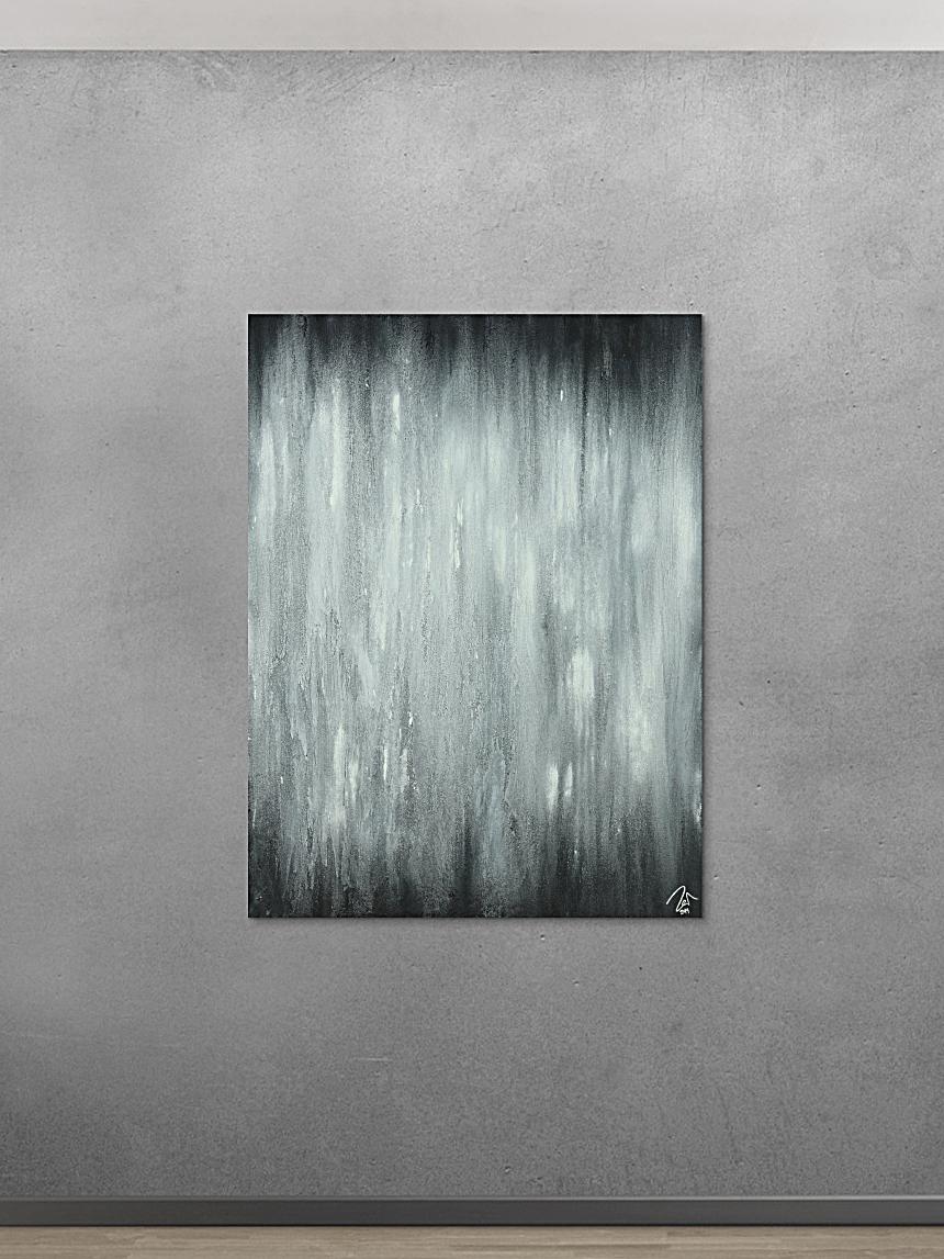 Abstraktes Acrylbild schwarz weiß feine Struktur mit Sand modern zeigenössisch
